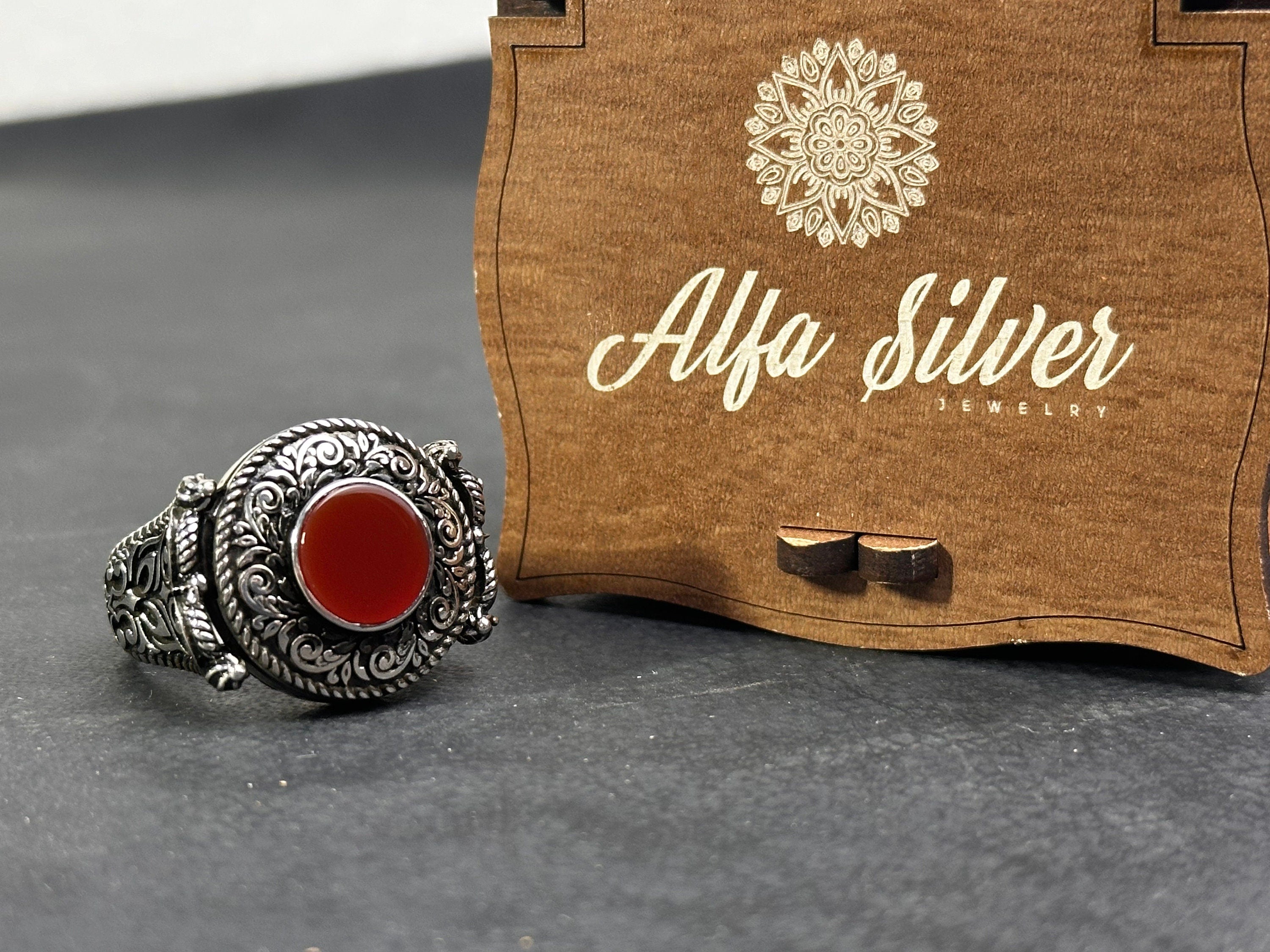 Men's Red Agate Ring, Sterling Silver Engraved (Everyday Wear)
