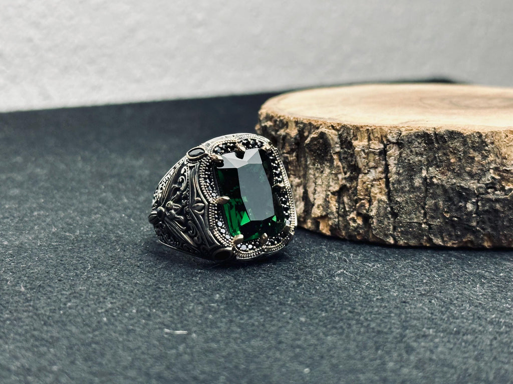 Emerald Men's Ring - Bold Handmade 925 Sterling Silver Turkish Style
