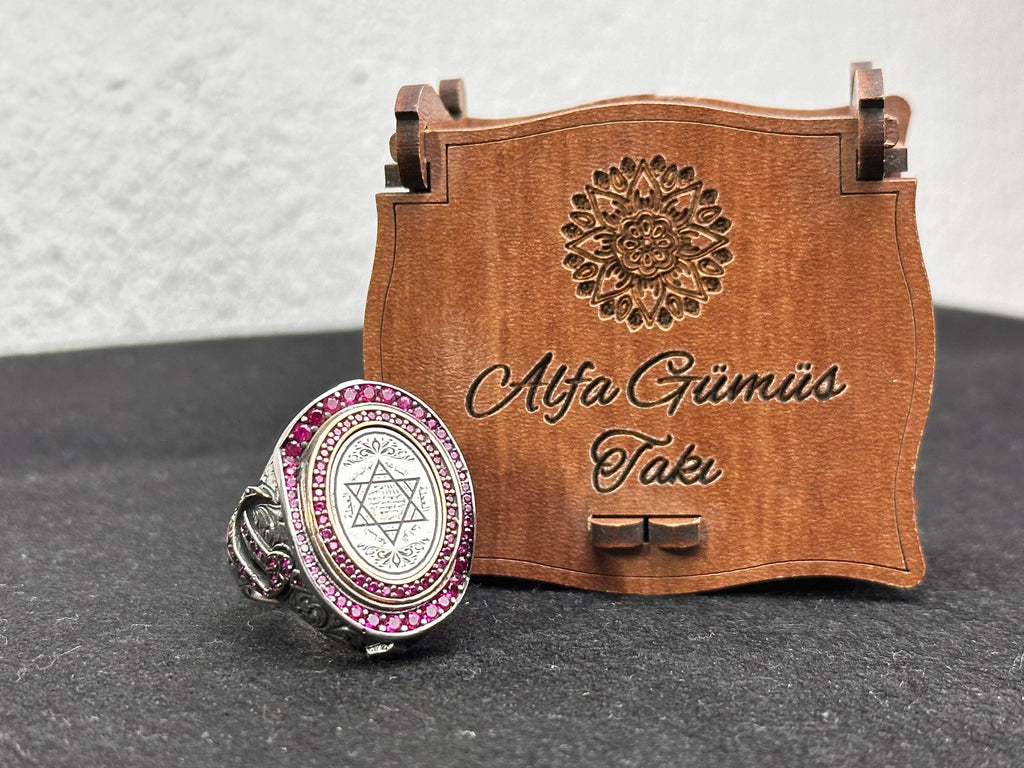 Seal of Solomon Ring: Arabic Calligraphy - Sterling Silver, Pink CZ