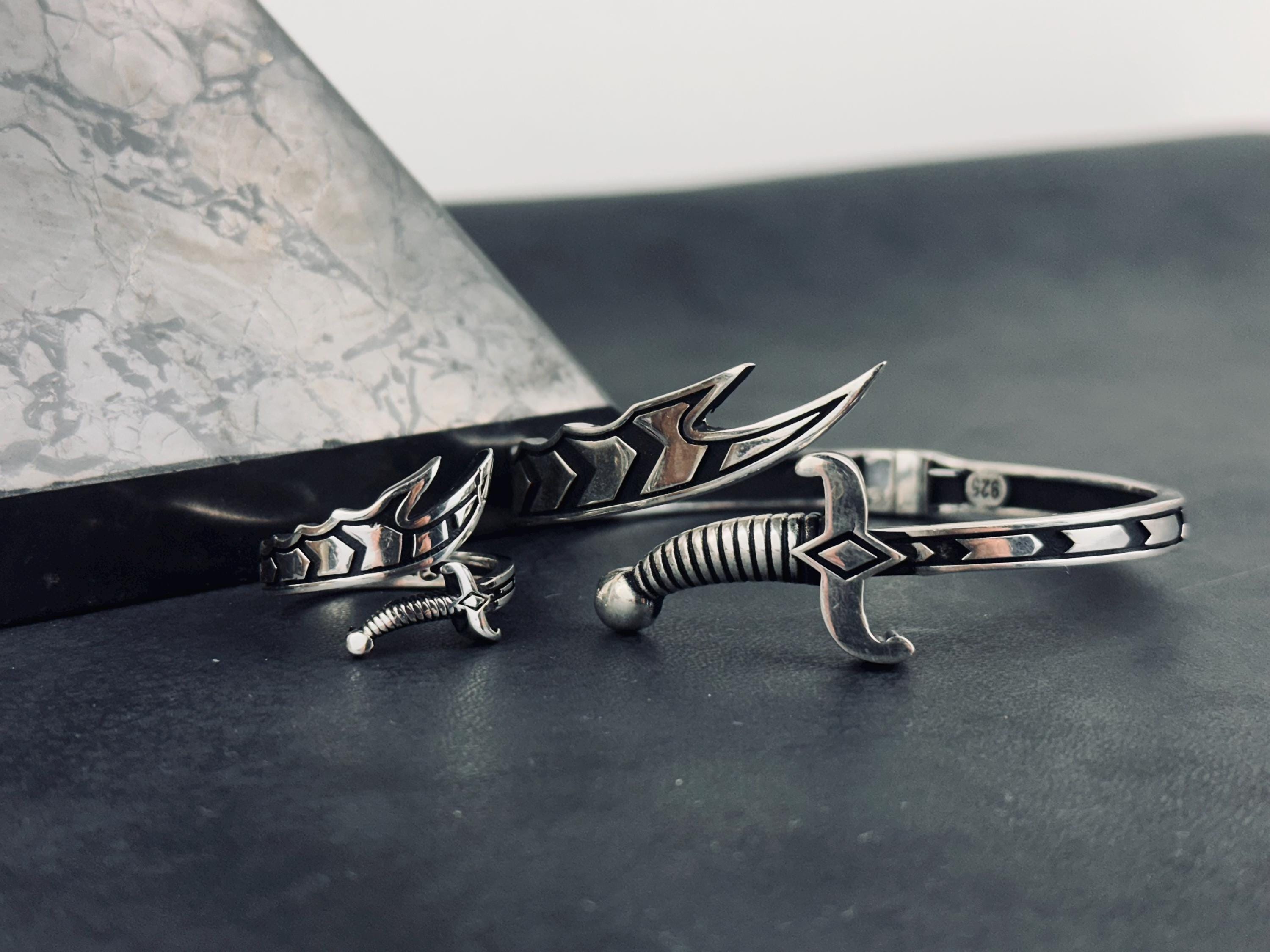 Sword Ring and Bracelet Set: Handcrafted Sterling Silver - Oxidized Finish