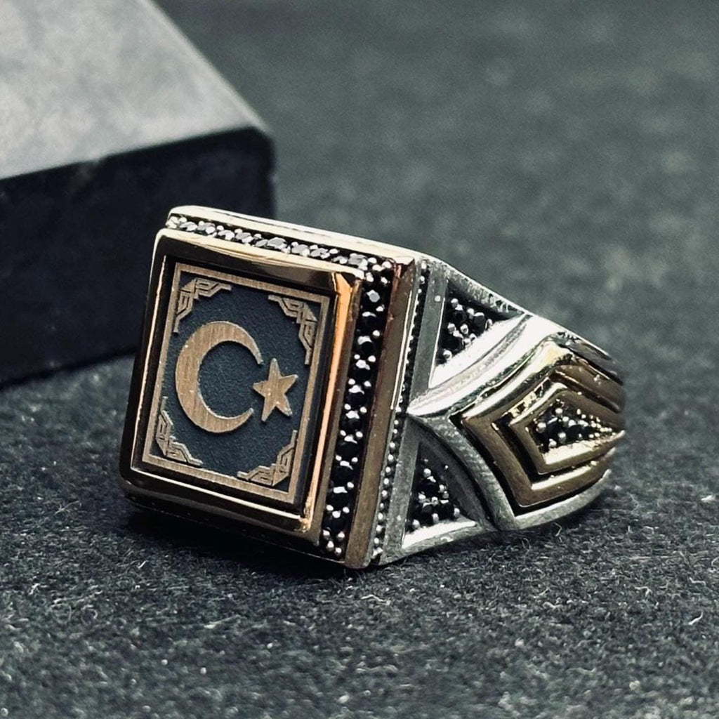 Square Signet Ring: Moon and Star Design (Sterling Silver Handmade)
