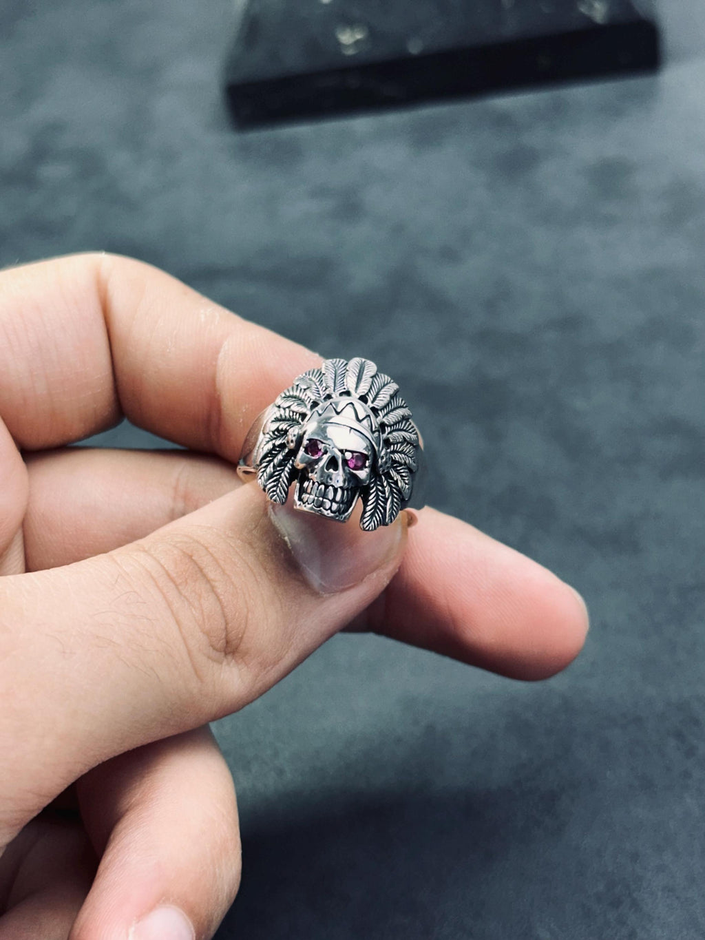 Indian Chief Skull Ring: Sterling Silver with Cubic Zirconia - Men's Jewelry