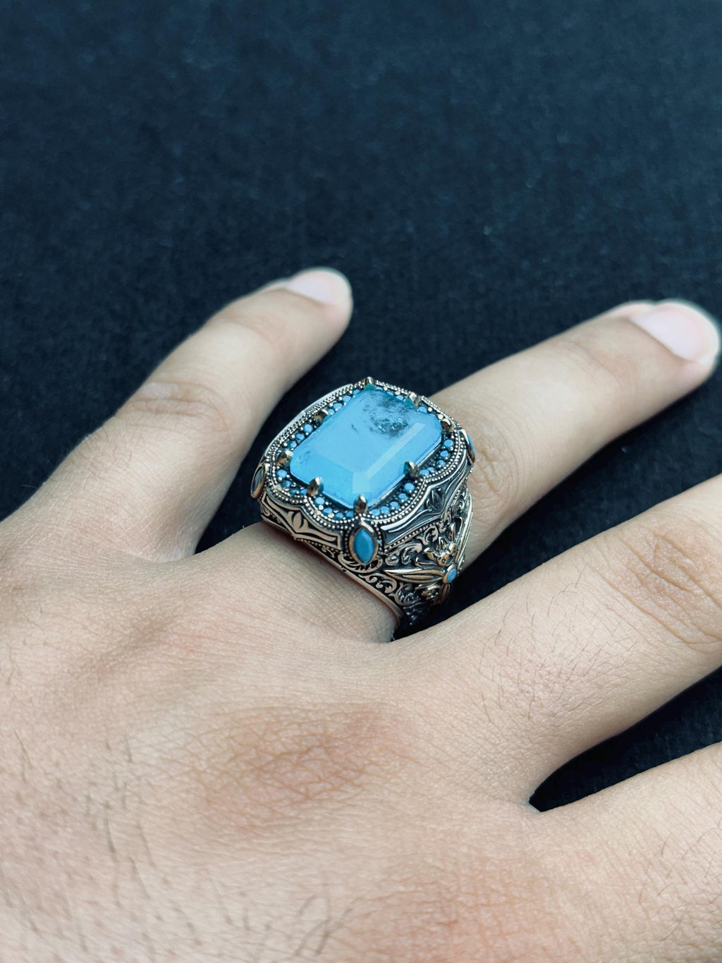 Aquamarine Ring: Men's Handmade Sterling Silver (Ottoman Lion Head)