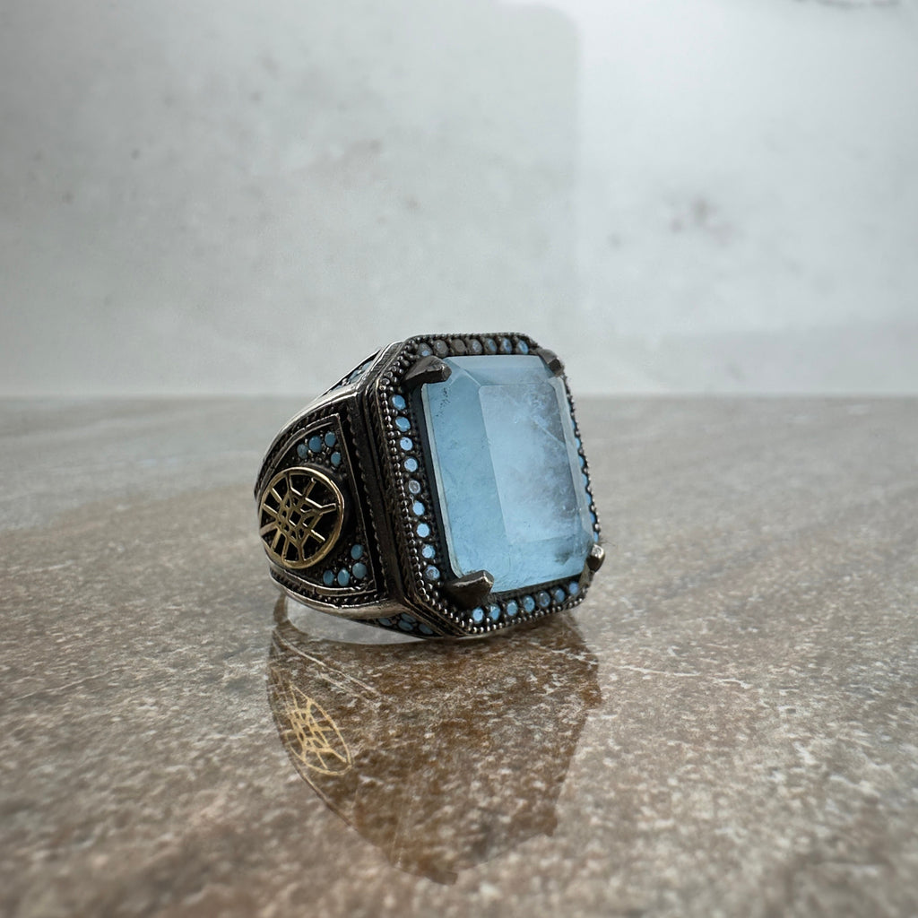 Sterling Silver Ring: Aquamarine Gemstone, Eagle Design (Mens)