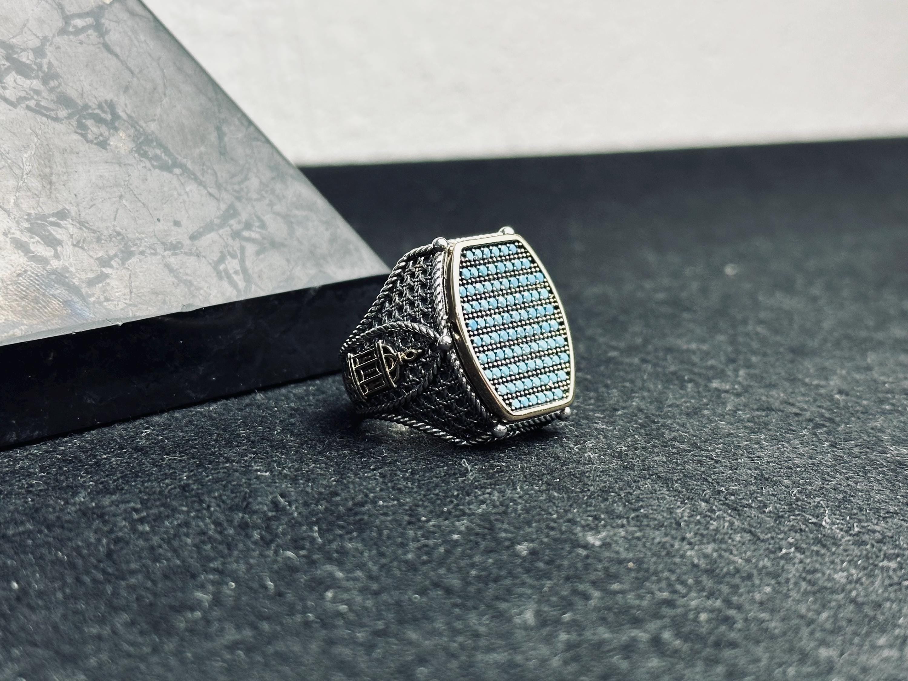 Turquoise Men's Ring - Sterling Silver with Zircon and Mosque Detail