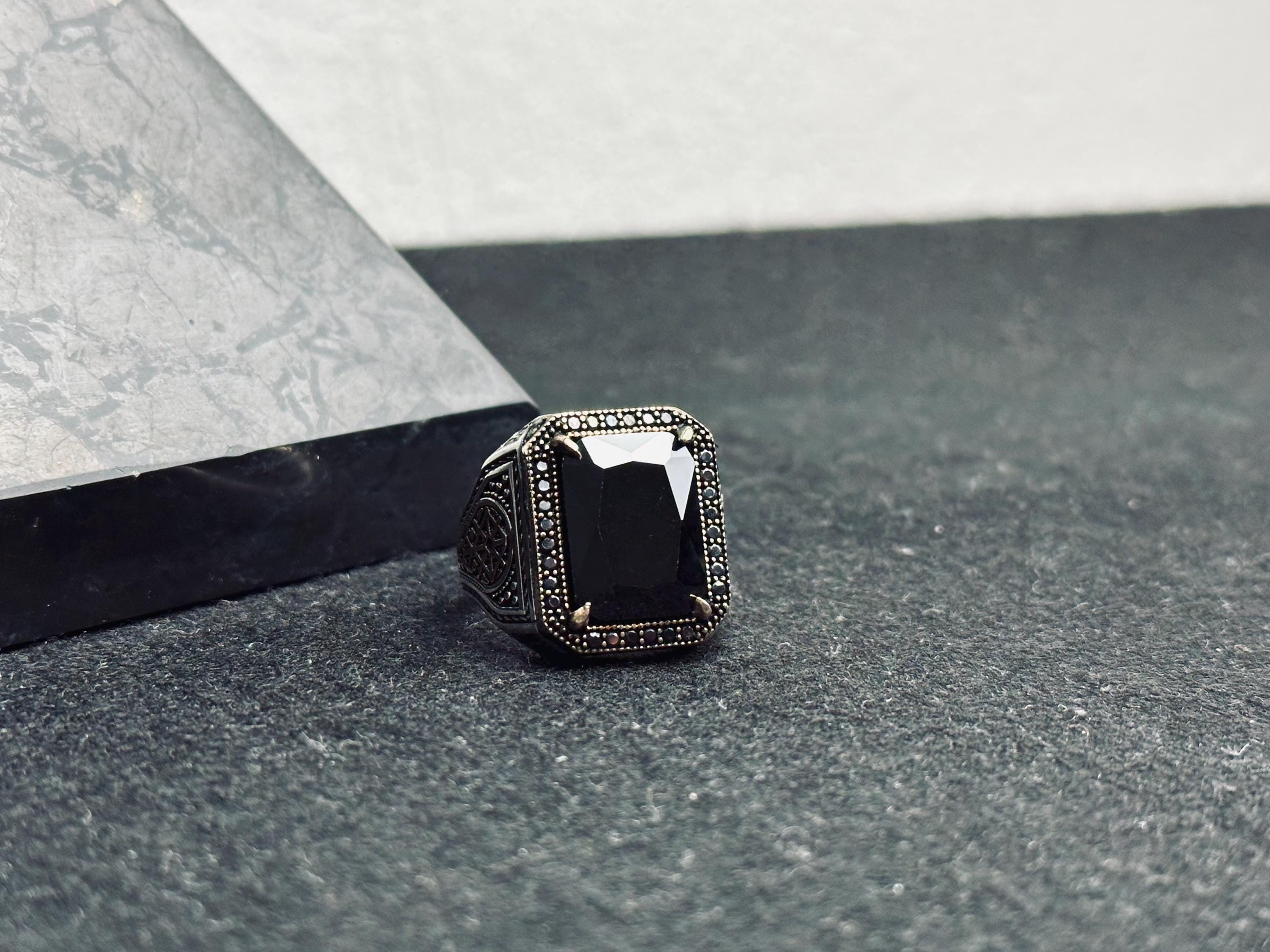 Signet Ring for Men: Black Zircon Stone - Sterling Silver