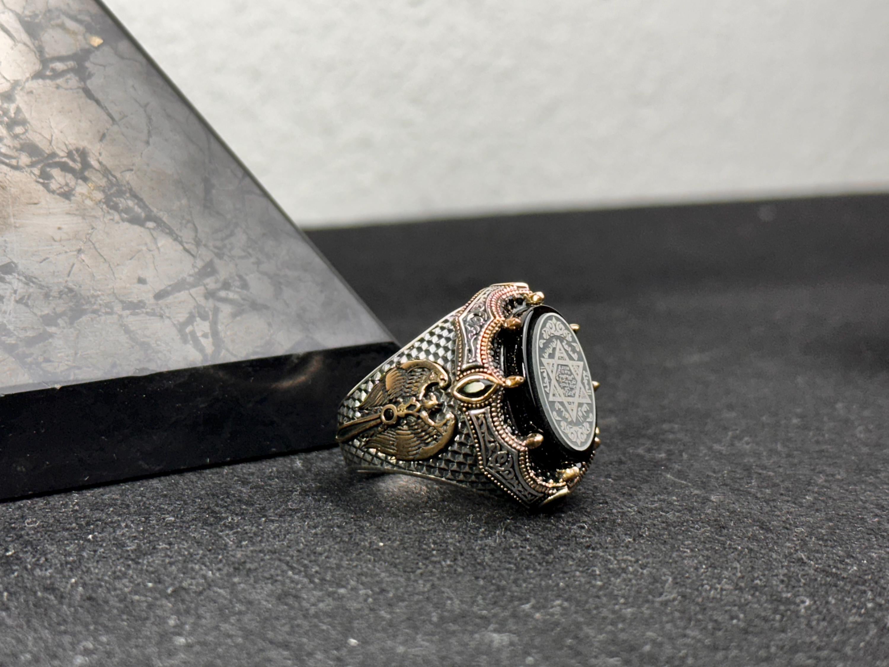 Sterling Silver Solomon Seal Ring - Amber Stone Protection