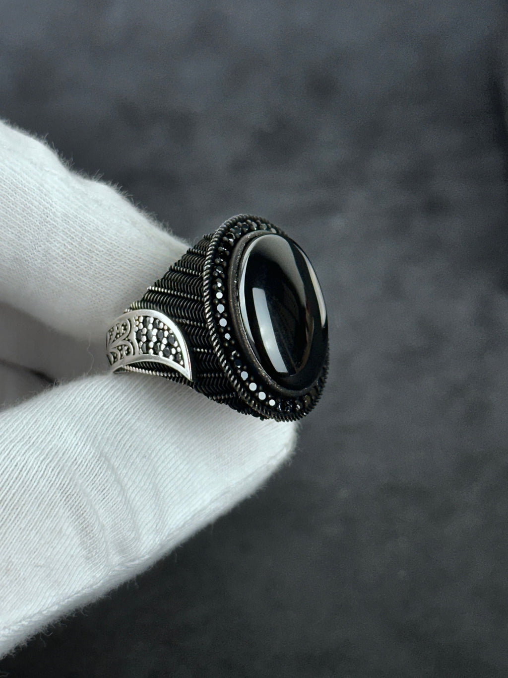 Handmade Silver Onyx Ring - Solid Sterling with Zircon Accent