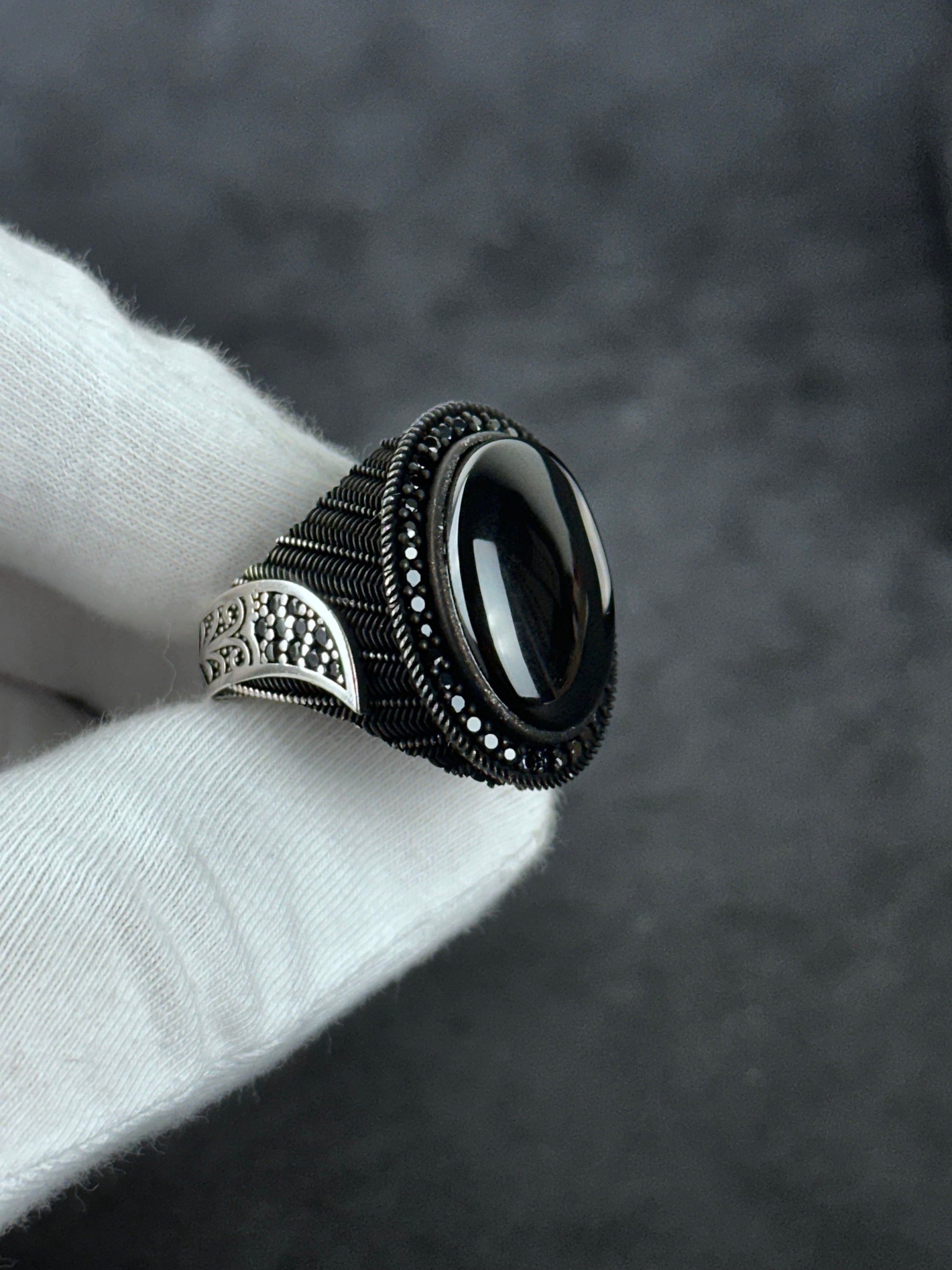 Handmade Silver Onyx Ring - Solid Sterling with Zircon Accent