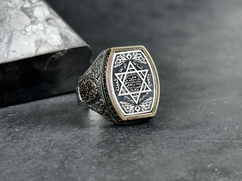 Sterling Silver Seal of Solomon Ring: Green Zircon Spiritual Design