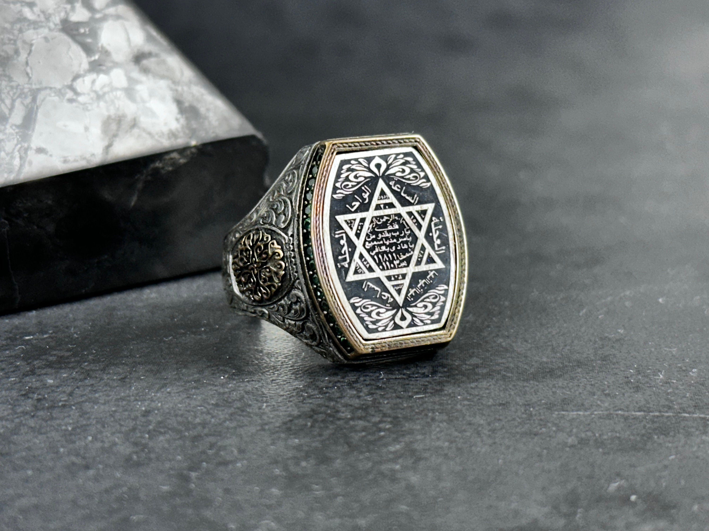 Sterling Silver Seal of Solomon Ring: Green Zircon Spiritual Design