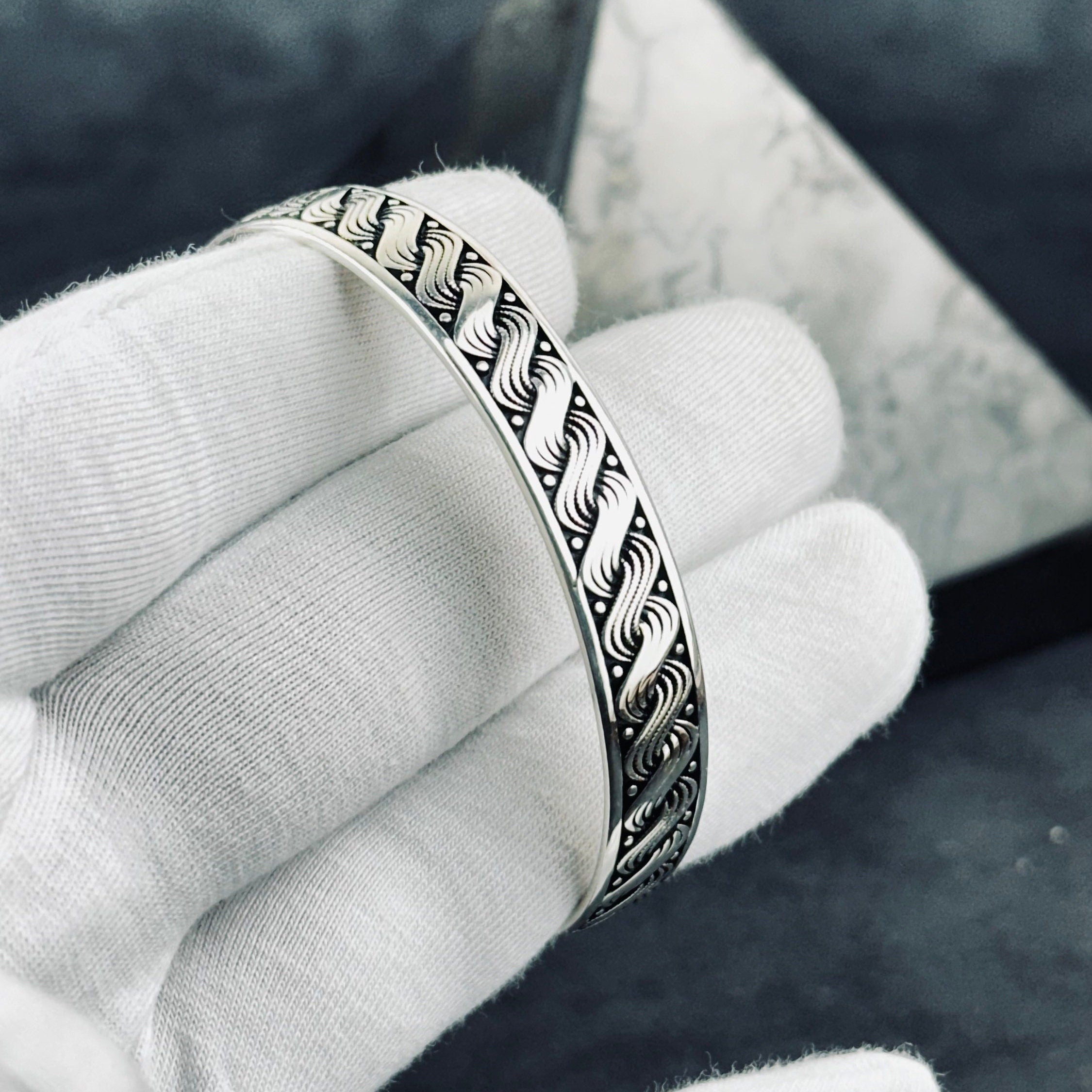 Sterling Silver Hand Cuff: Wave Knit Design - Adjustable Unisex