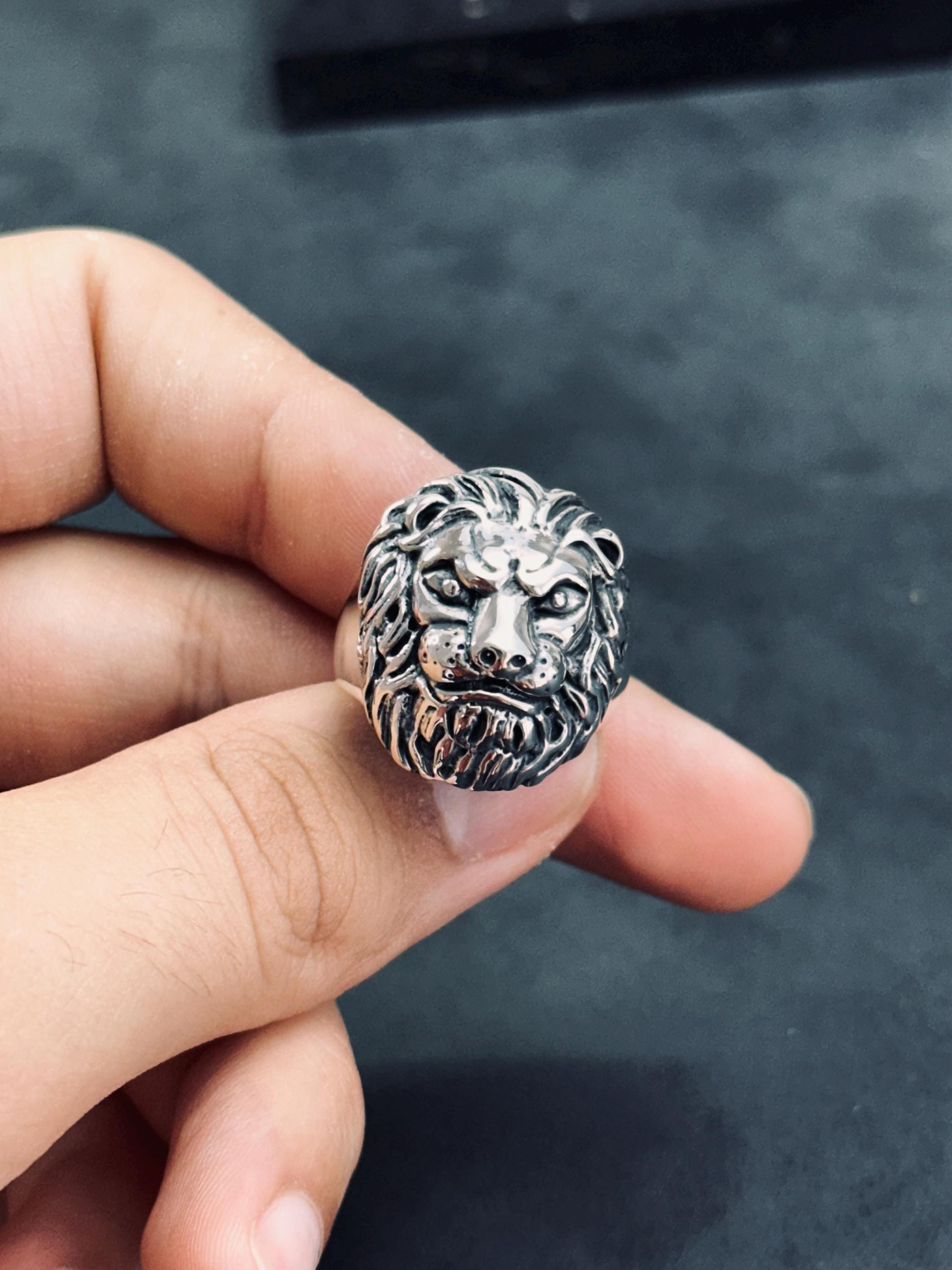 Sterling Silver Lion Head Ring, Handmade Animal Jewelry (Men's Size)