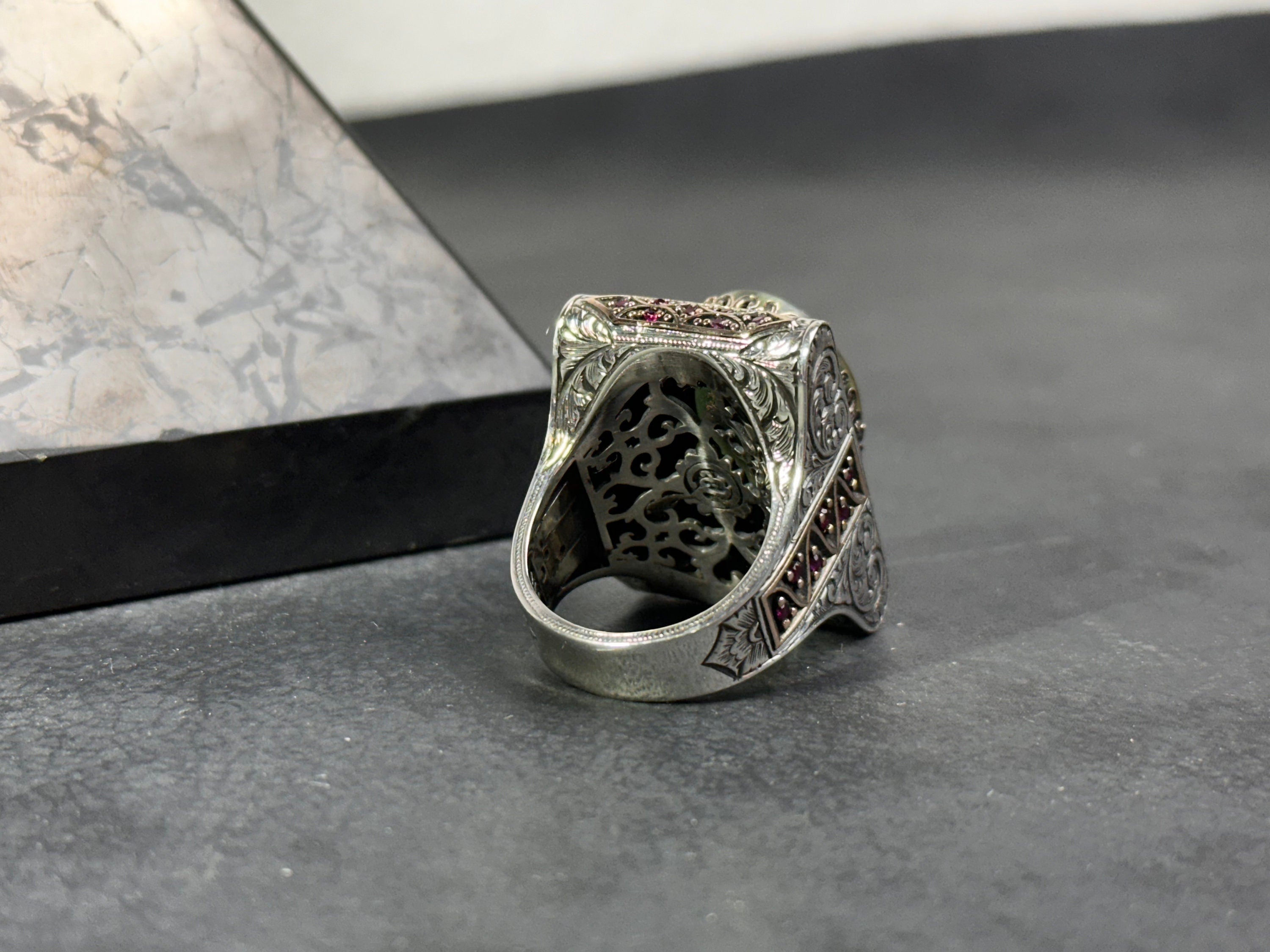 Green Amber Solomon Ring: Sterling Silver, Big Men's Signet