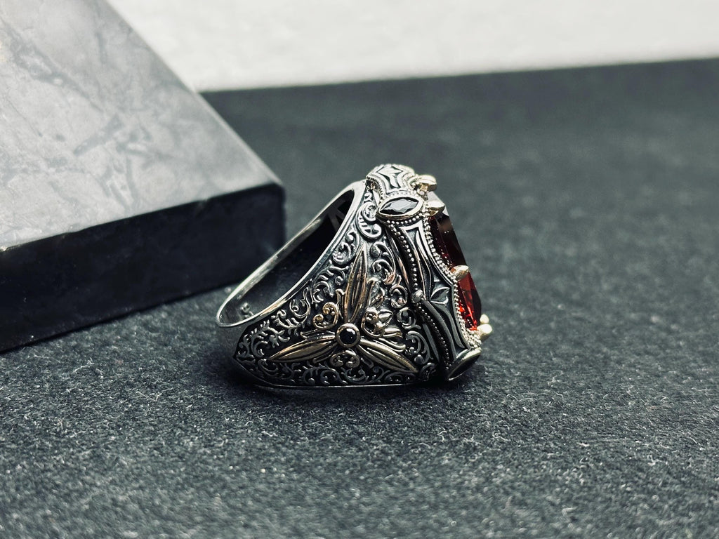 Ottoman Style Ruby Ring - Men's Sterling Silver Statement Jewelry