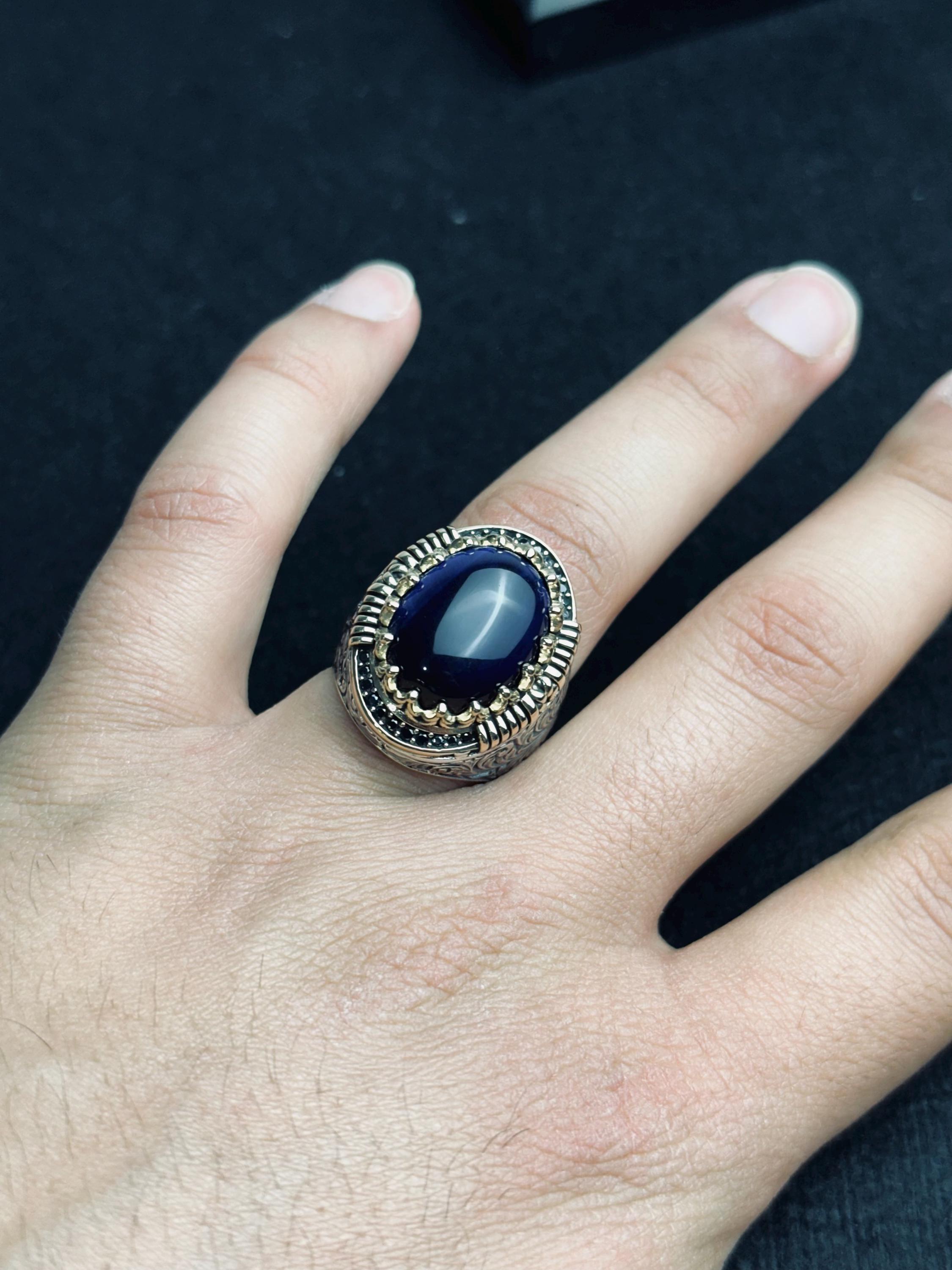 Viking Sapphire Ring, Dragon Engraved, Sterling Silver (Men's Size)