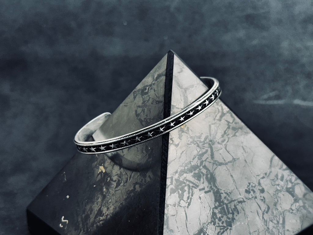 Star Embroidered Silver Bangle: Handmade Adjustable Sterling Cuff