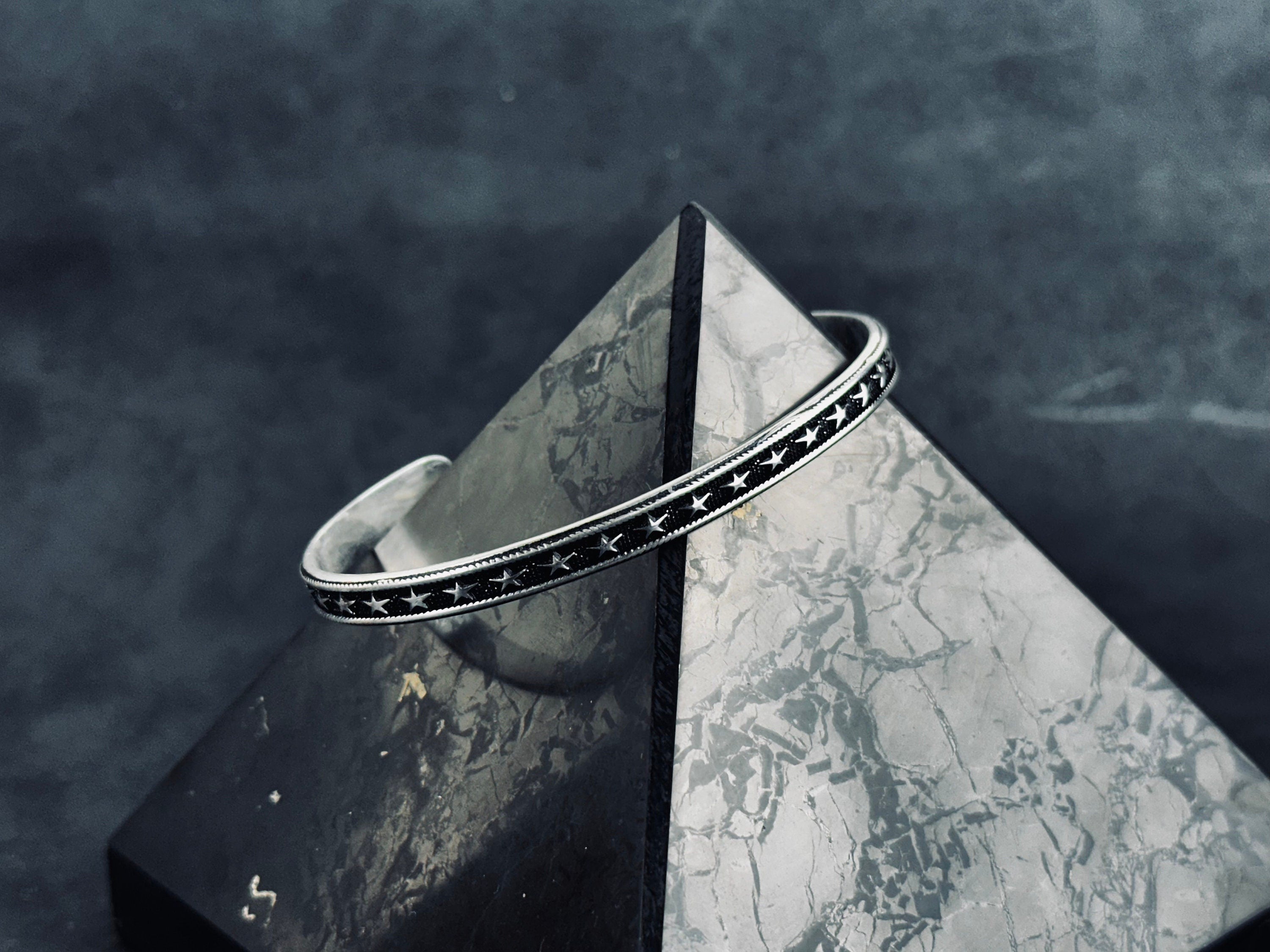 Star Embroidered Silver Bangle: Handmade Adjustable Sterling Cuff
