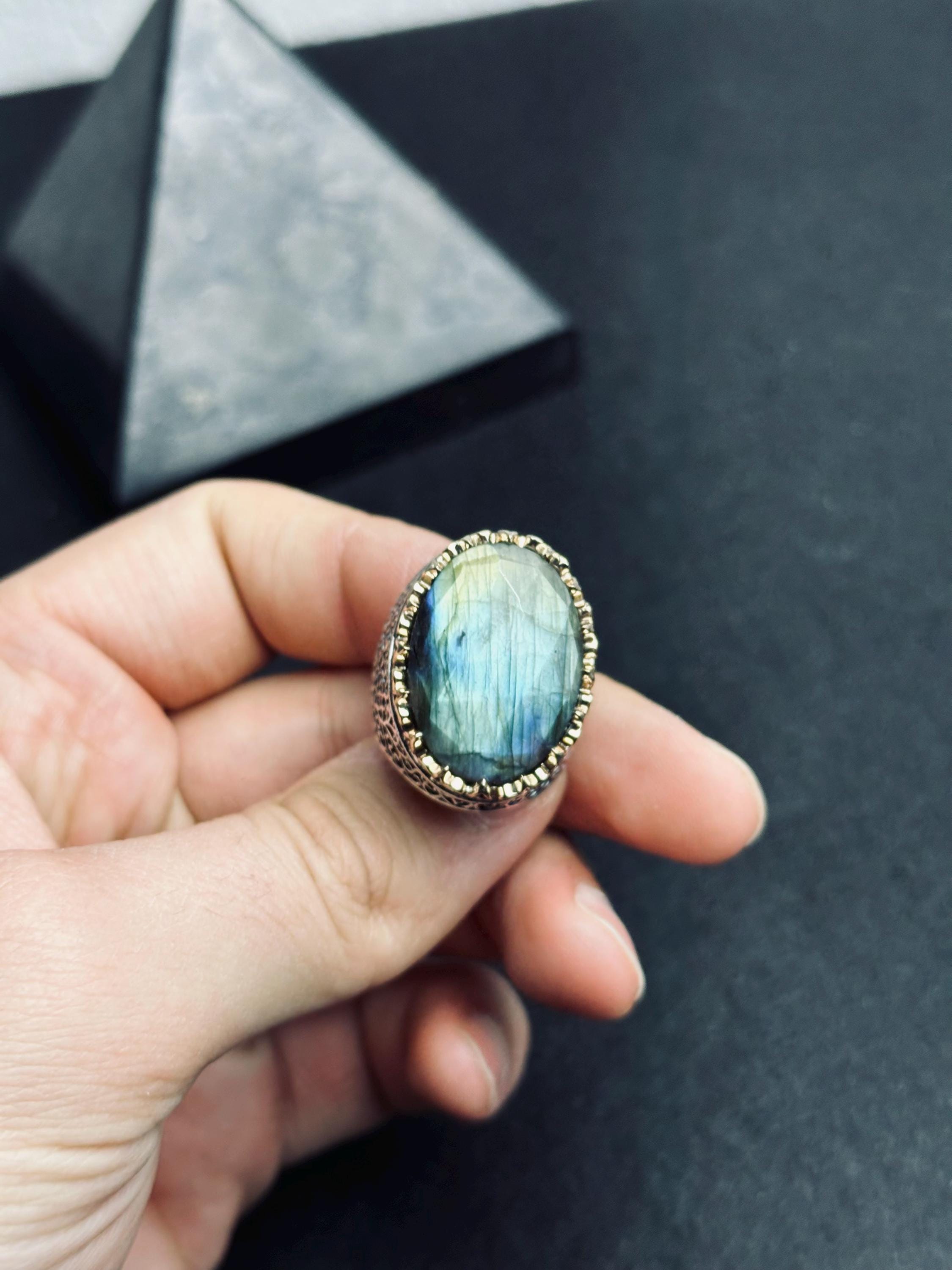 Labradorite Statement Ring: Meteorite Stone - Sterling Silver Handmade