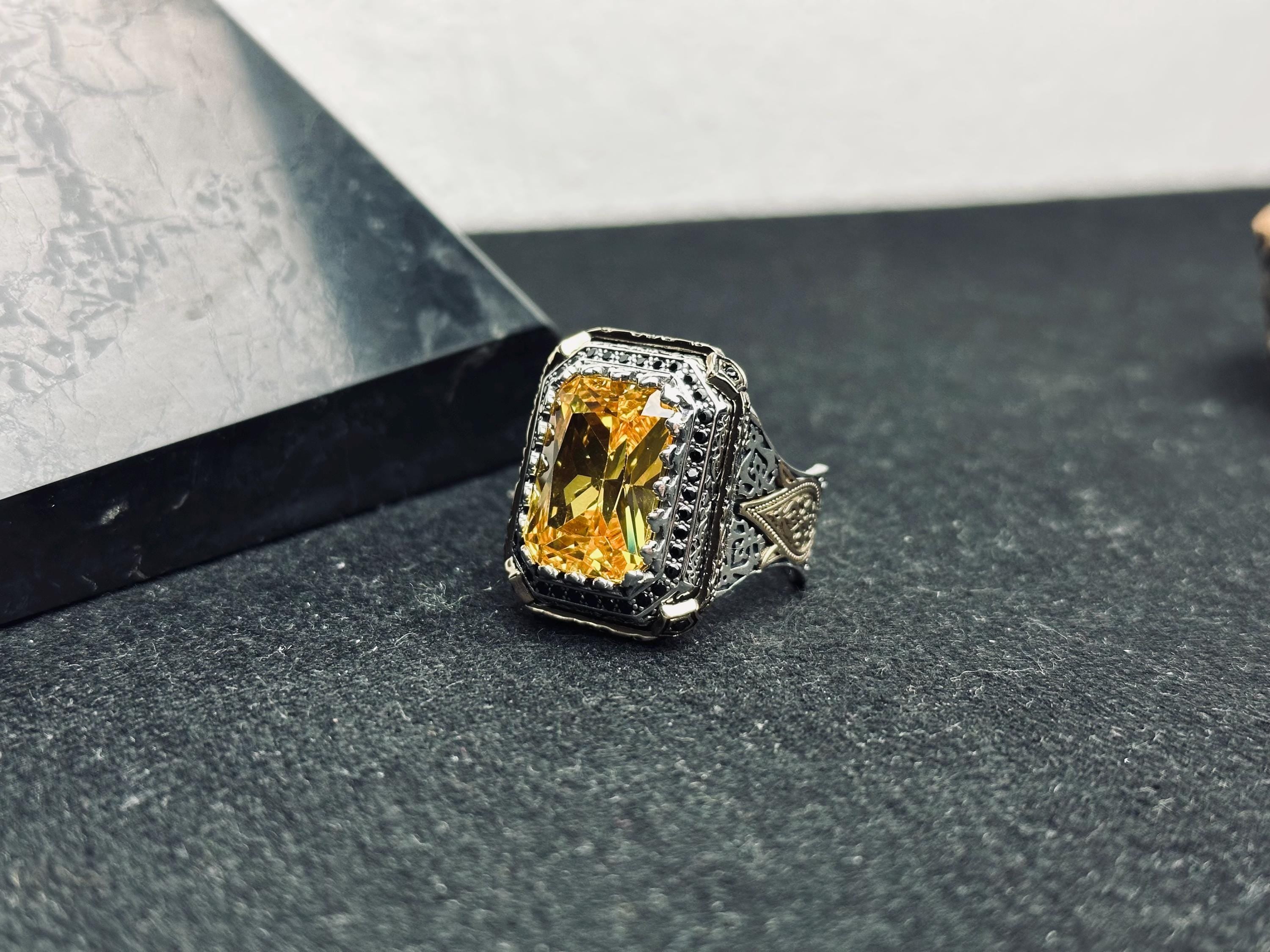 Square Citrine Men’s Ring - Handmade Sterling Silver Bold Gem