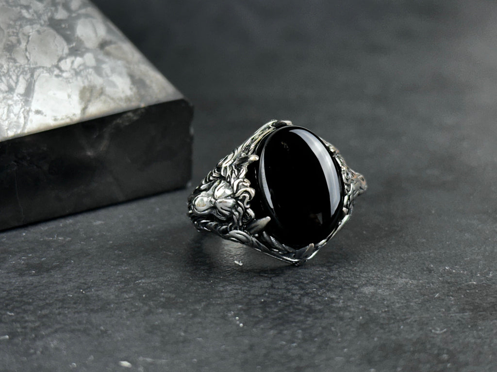 Men's Sterling Silver Onyx Ring, Lion Detail (Handcrafted)