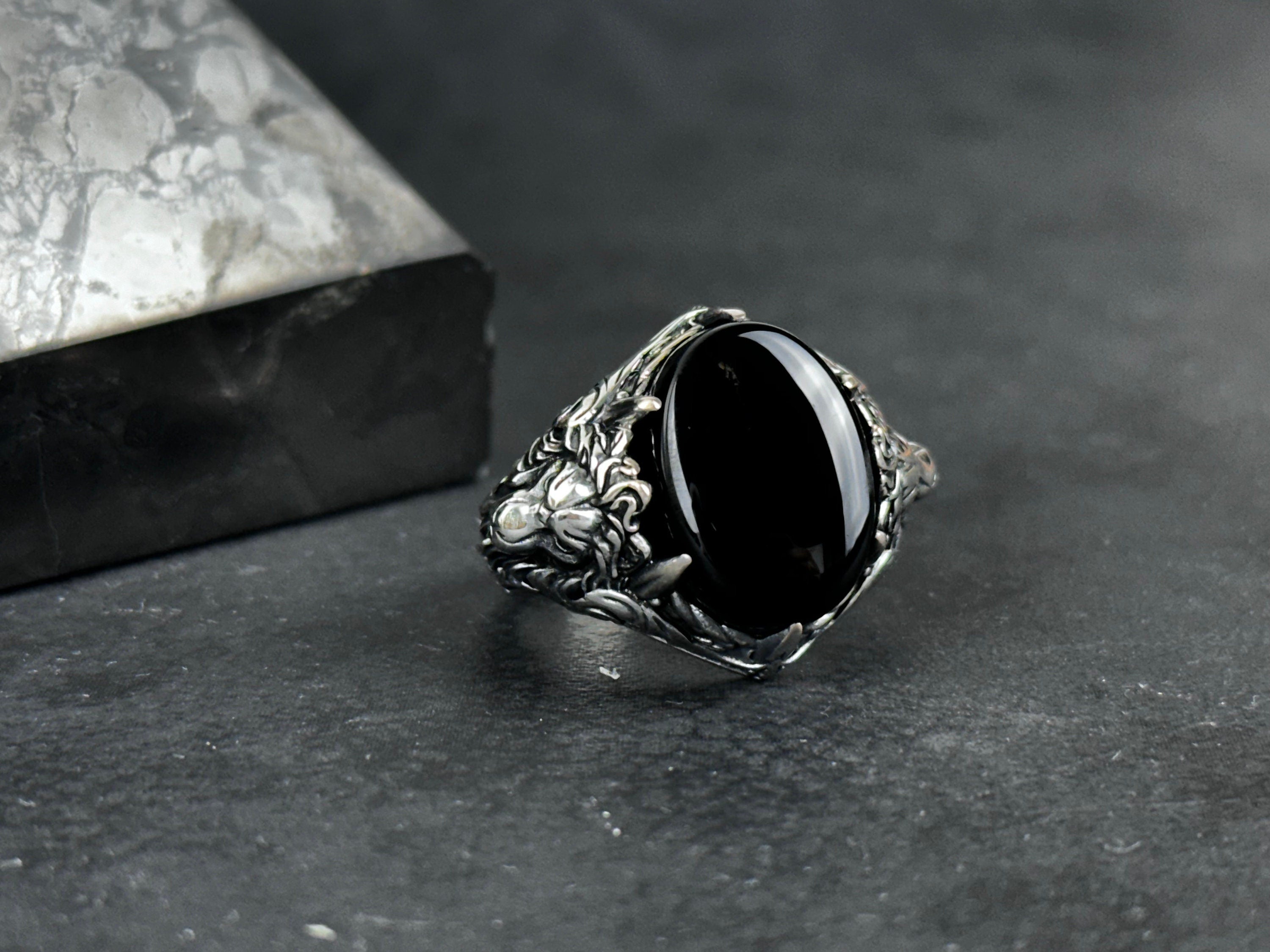 Men's Sterling Silver Onyx Ring, Lion Detail (Handcrafted)
