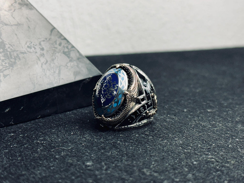 Sterling Silver Blue Stone Ottoman Ring, Islamic Calligraphy Men Ring, Turkish Handmade Jewelry, Ramadan Gift, Statement Signet Ring