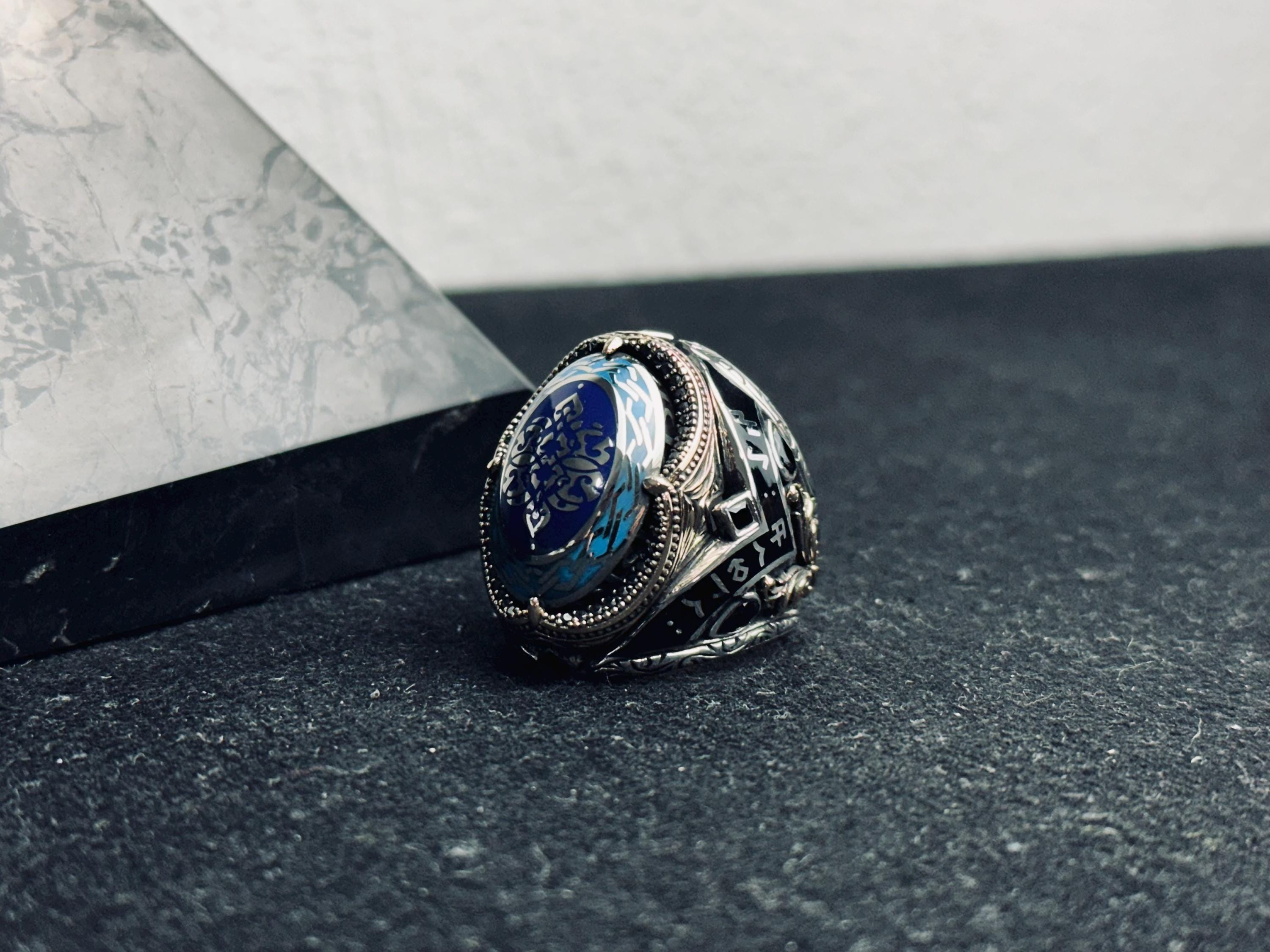 Sterling Silver Blue Stone Ottoman Ring, Islamic Calligraphy Men Ring, Turkish Handmade Jewelry, Ramadan Gift, Statement Signet Ring