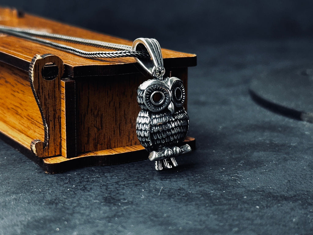 Silver Owl Necklace: Handmade Bird Pendant with Wooden Box