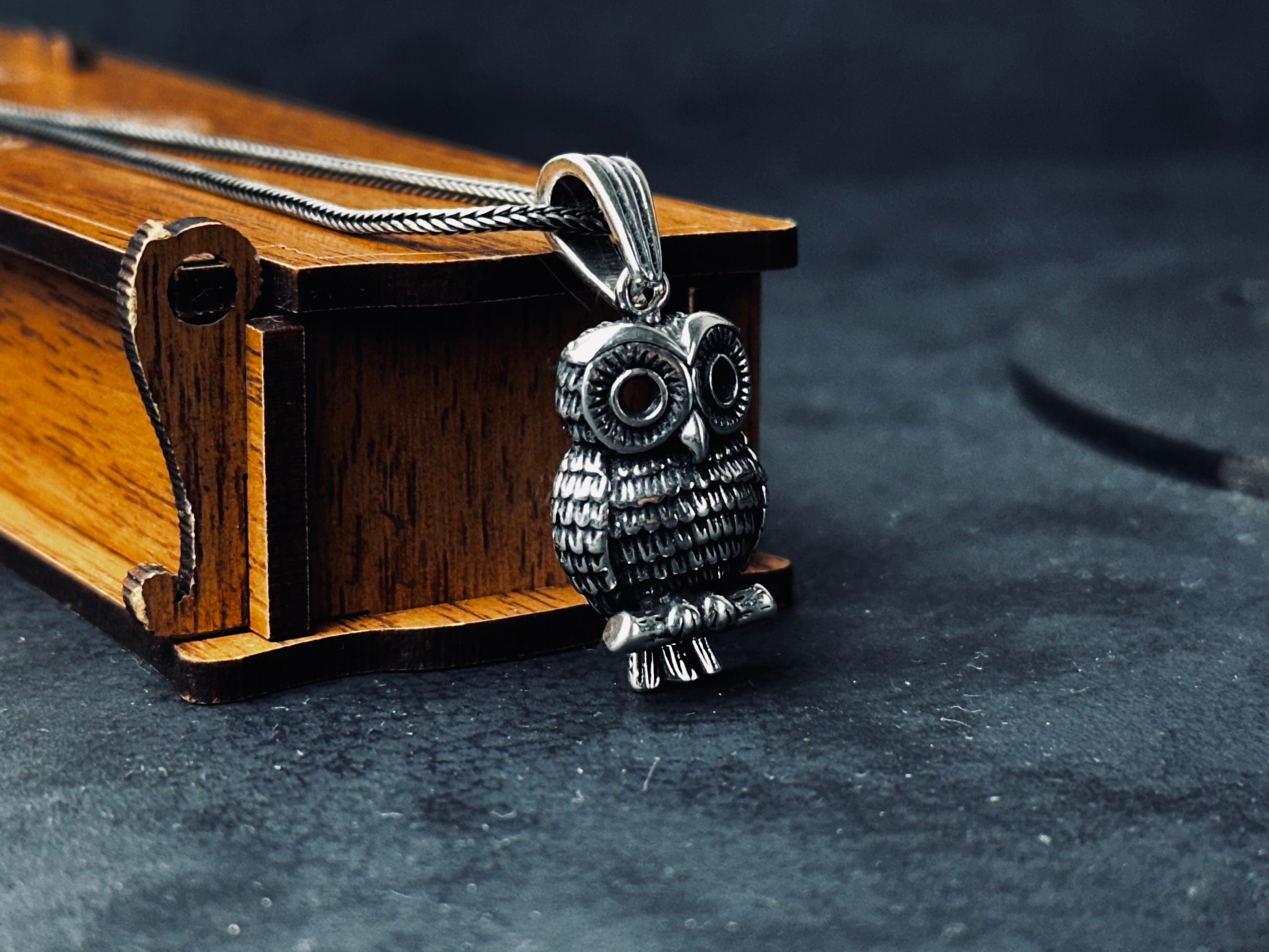 Silver Owl Necklace: Handmade Bird Pendant with Wooden Box