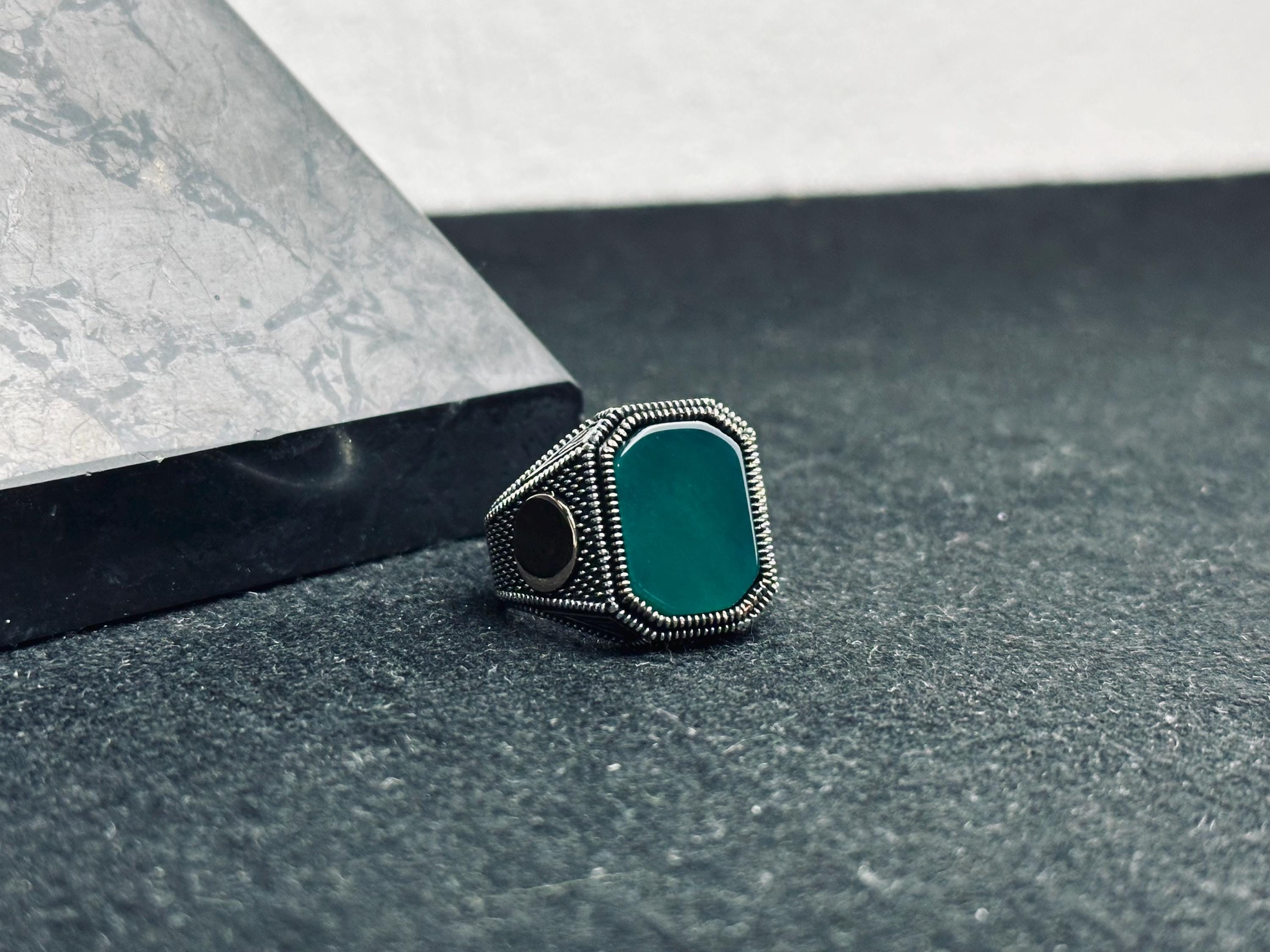 Green Agate Ring for Men: Handmade Sterling Silver Leaf Band