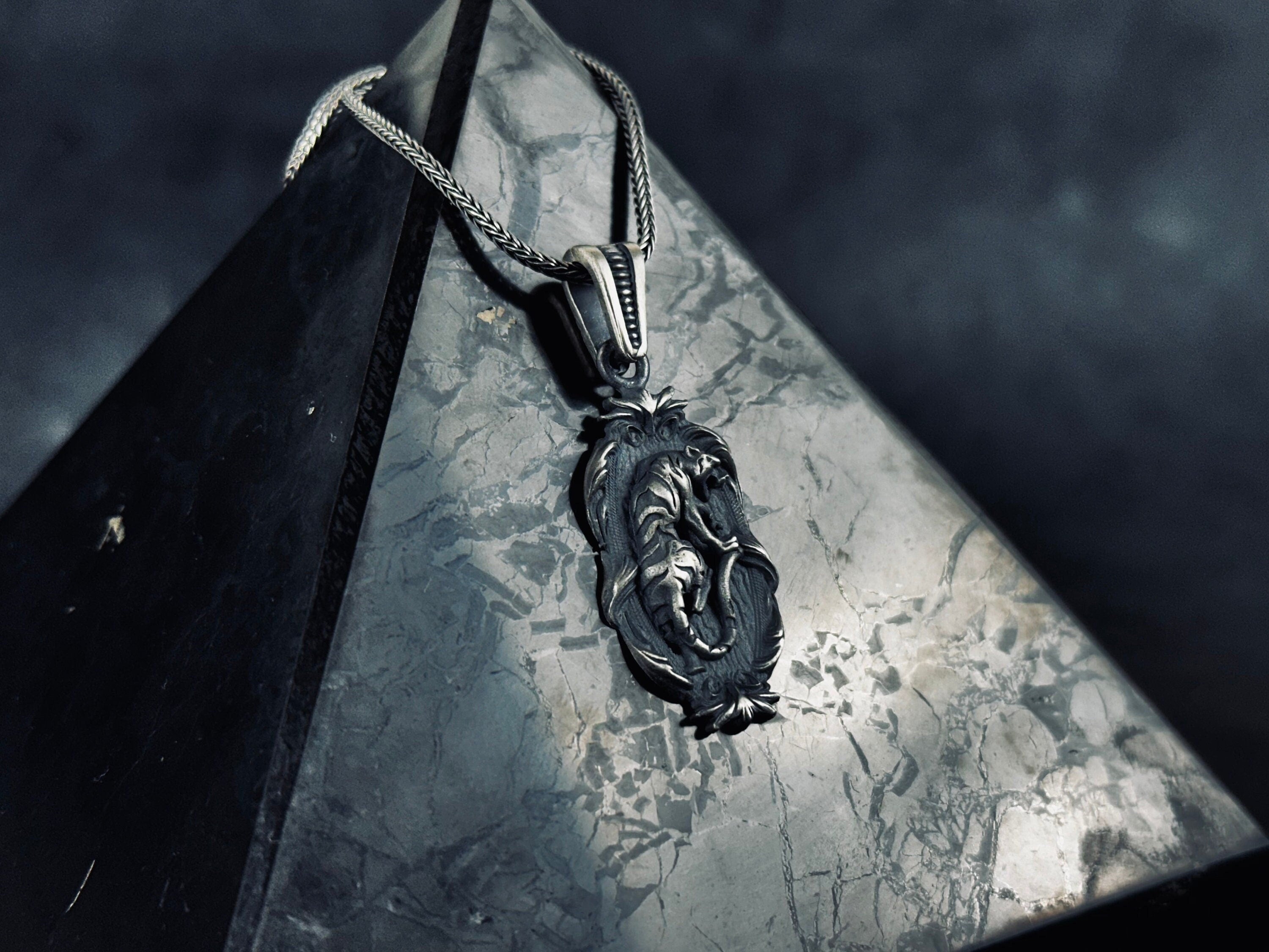 Jaguar Pendant Necklace: Silver with Embroidery (Multiple Chain Lengths)