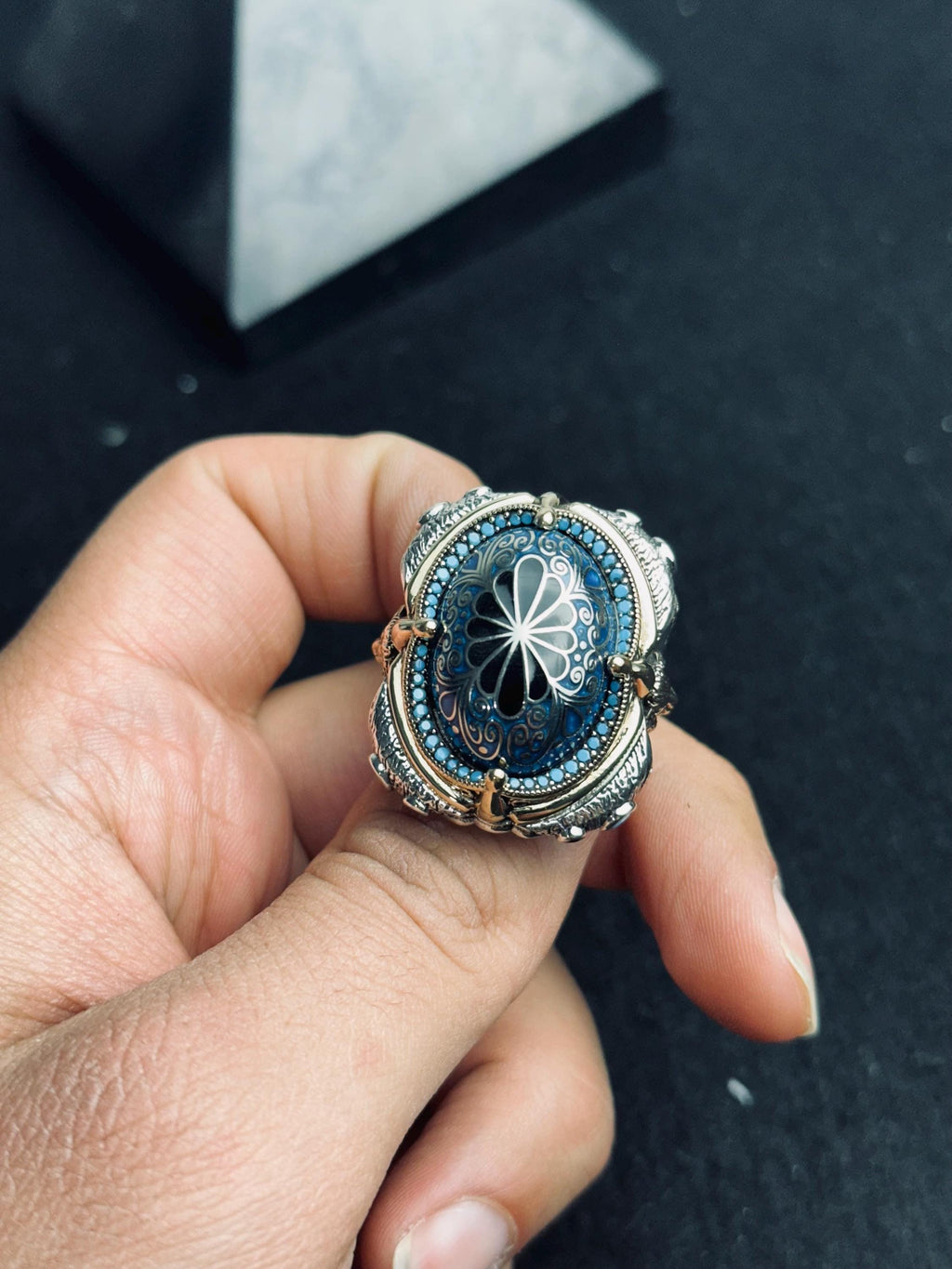 Sterling Silver Blue Stone Slice Ring, Handmade Ottoman Men Ring, Textured Signet Ring, Bold Statement Jewelry, Ramadan Gift