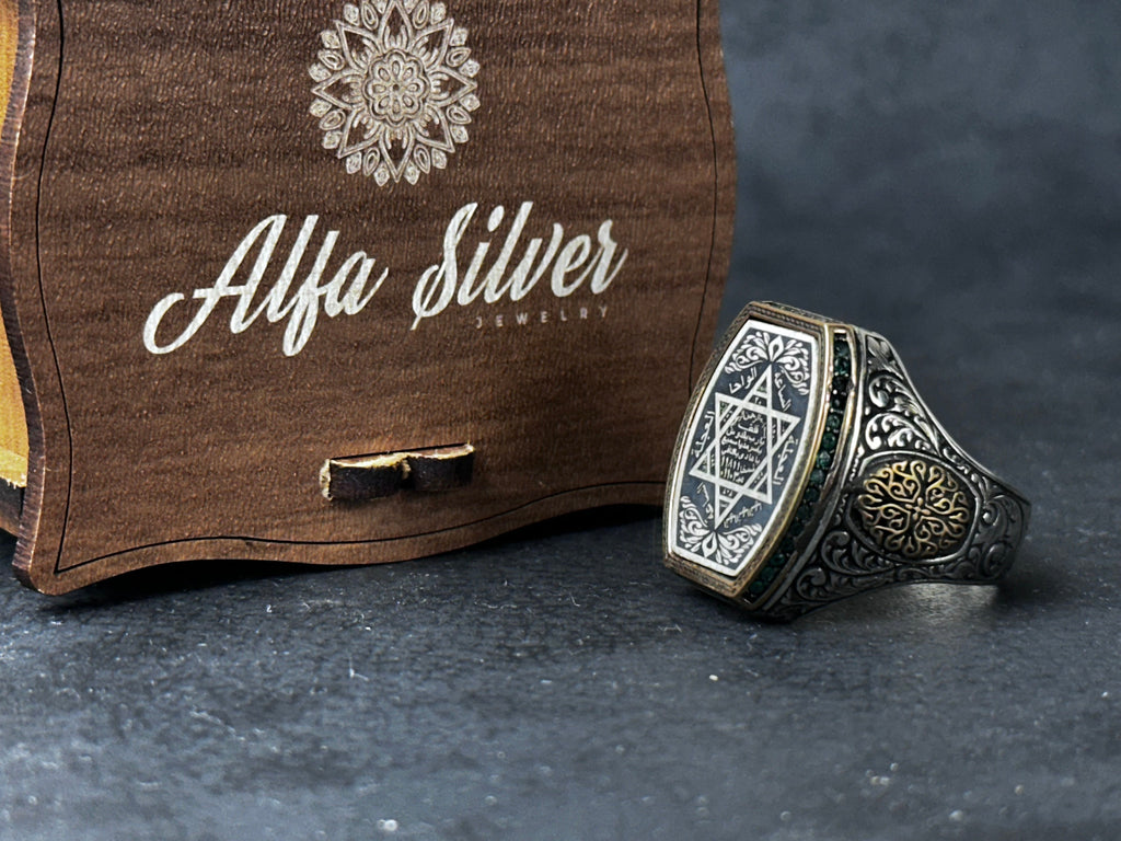 Sterling Silver Seal of Solomon Ring: Green Zircon Spiritual Design