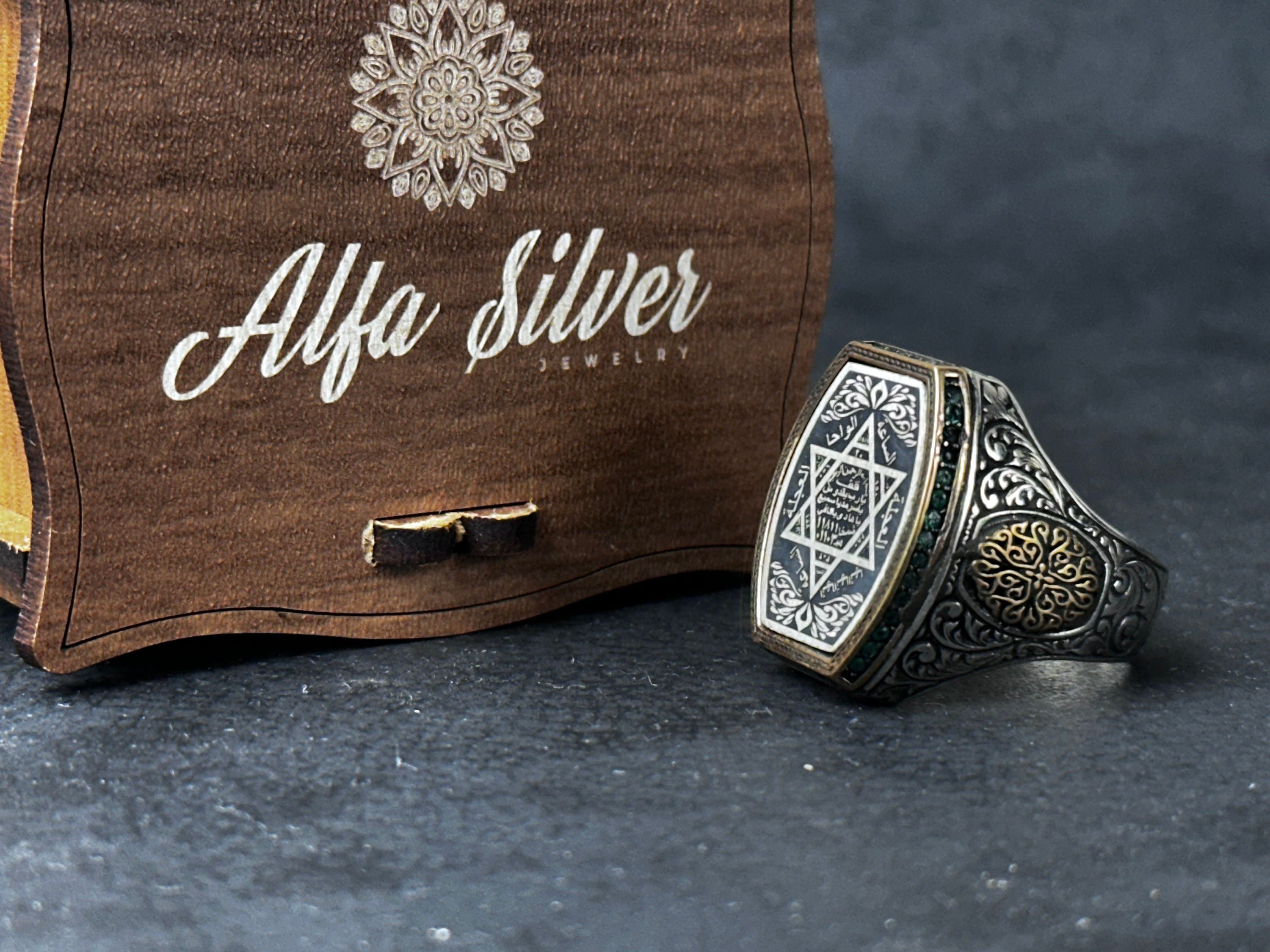 Sterling Silver Seal of Solomon Ring: Green Zircon Spiritual Design