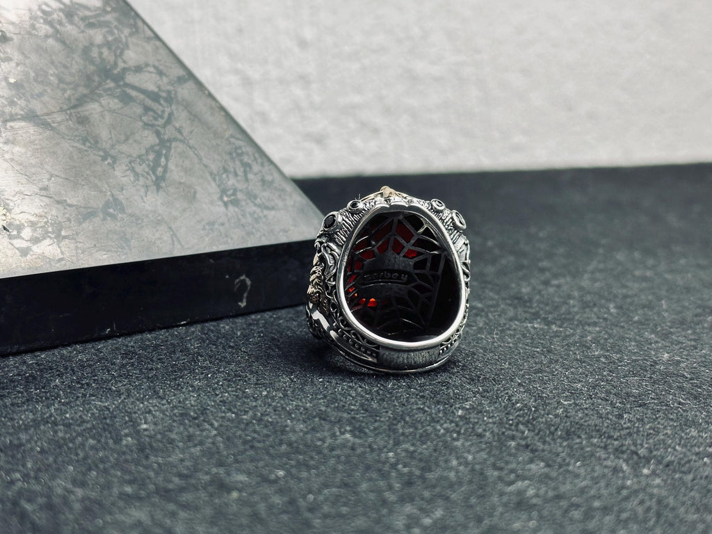Lion Head Statement Ring: Sterling Silver with Red Gemstone
