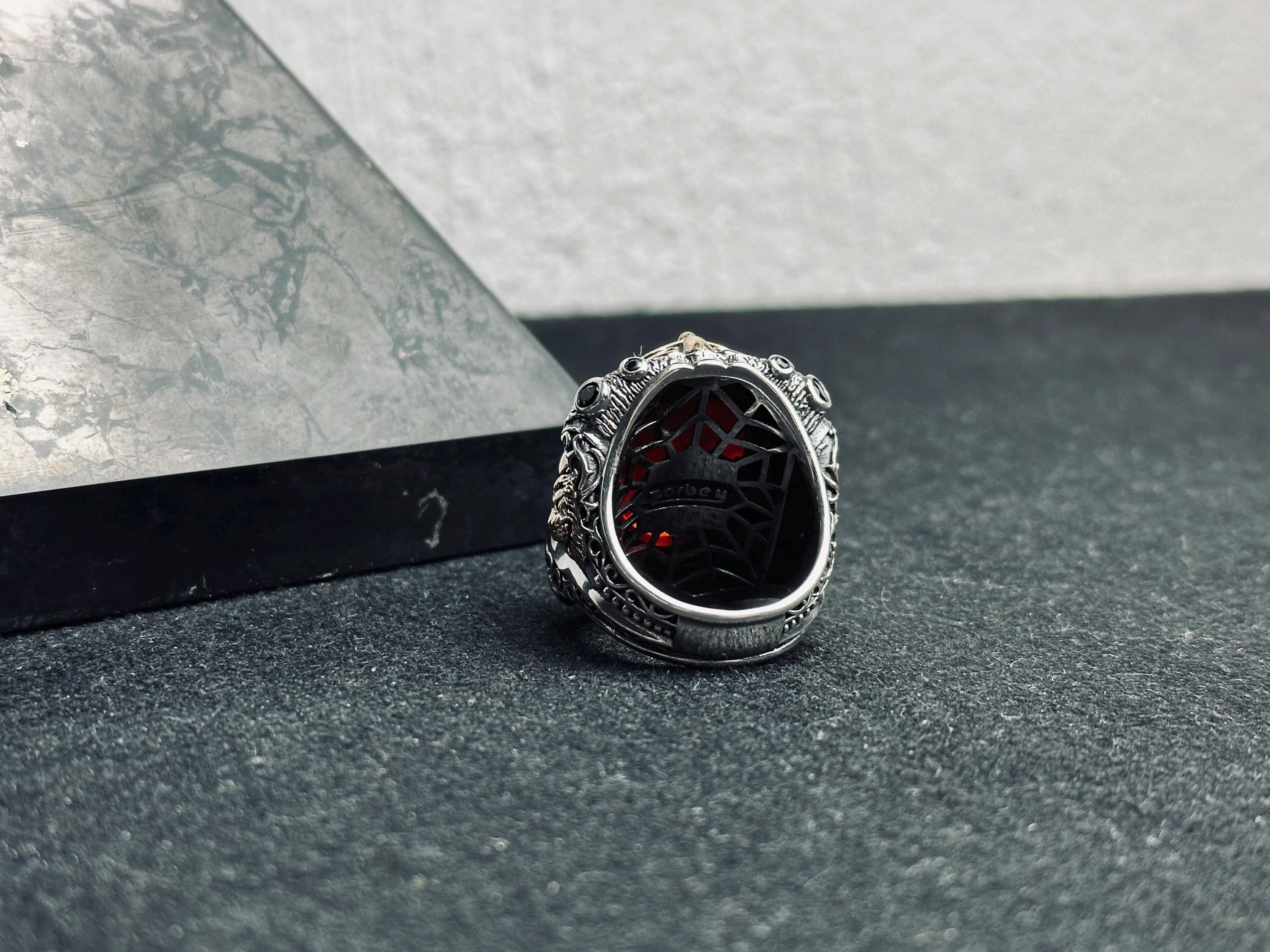 Lion Head Statement Ring: Sterling Silver with Red Gemstone