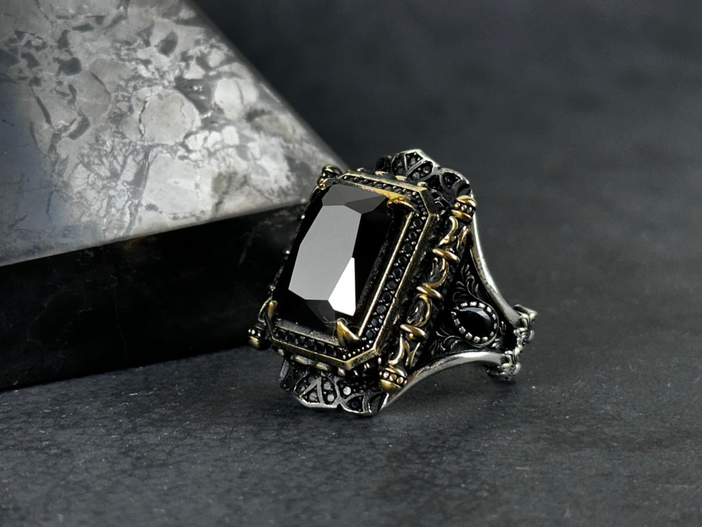 Black Zircon Sterling Silver Ring: Handcrafted Engraved Design