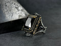 Black Zircon Sterling Silver Ring: Handcrafted Engraved Design
