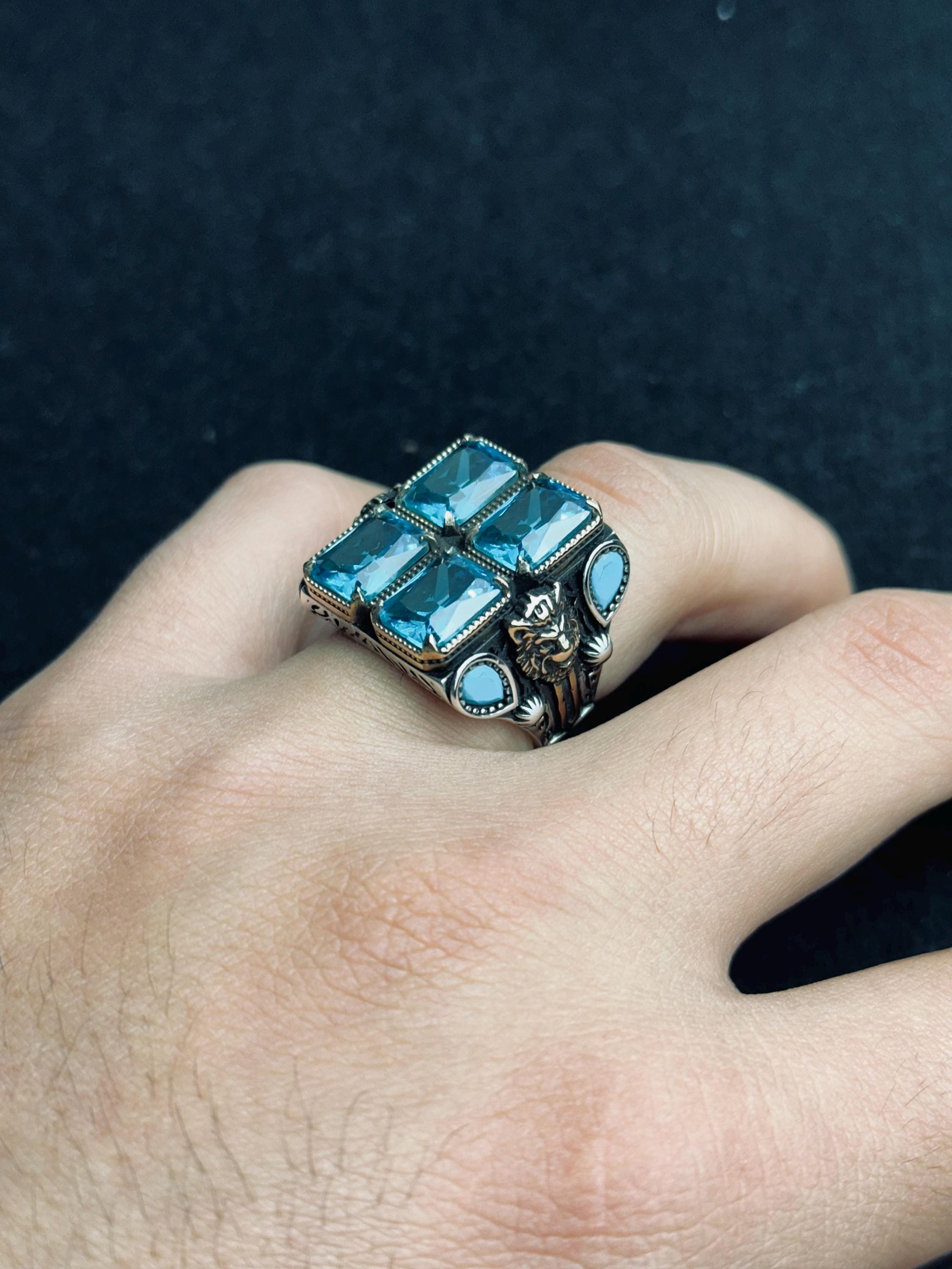 Square Aquamarine Ring: Men's Sterling Silver Statement (Handmade)