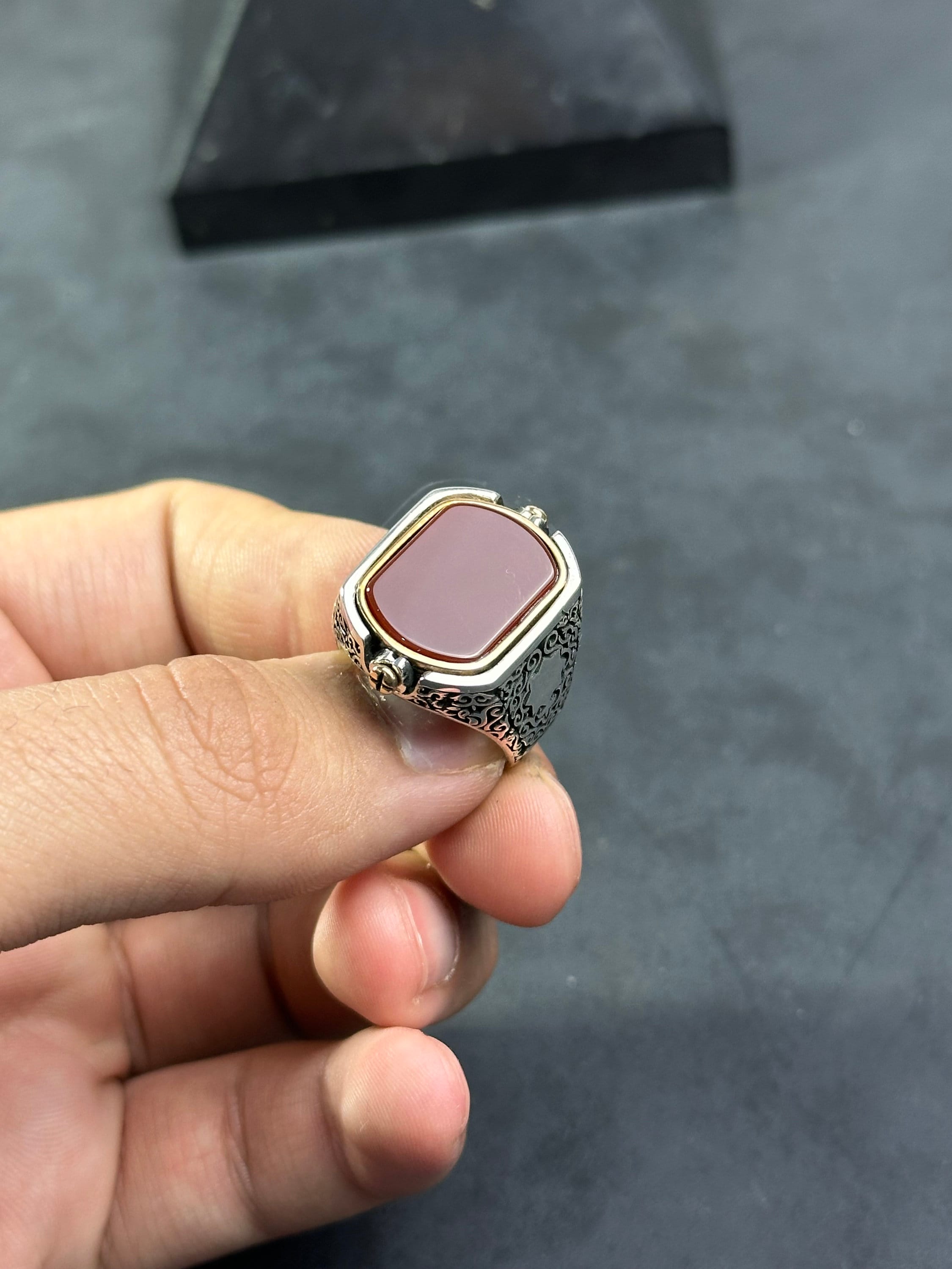 Men's Red Agate Silver Ring, Seal of Solomon (Double-Sided Design)