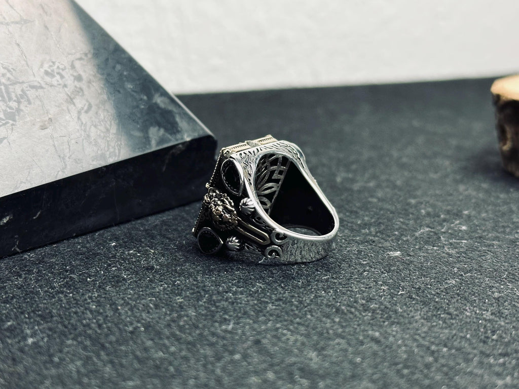 Men’s Lion Ring, Sterling Silver, Mystic Topaz Stones (Bold Statement)