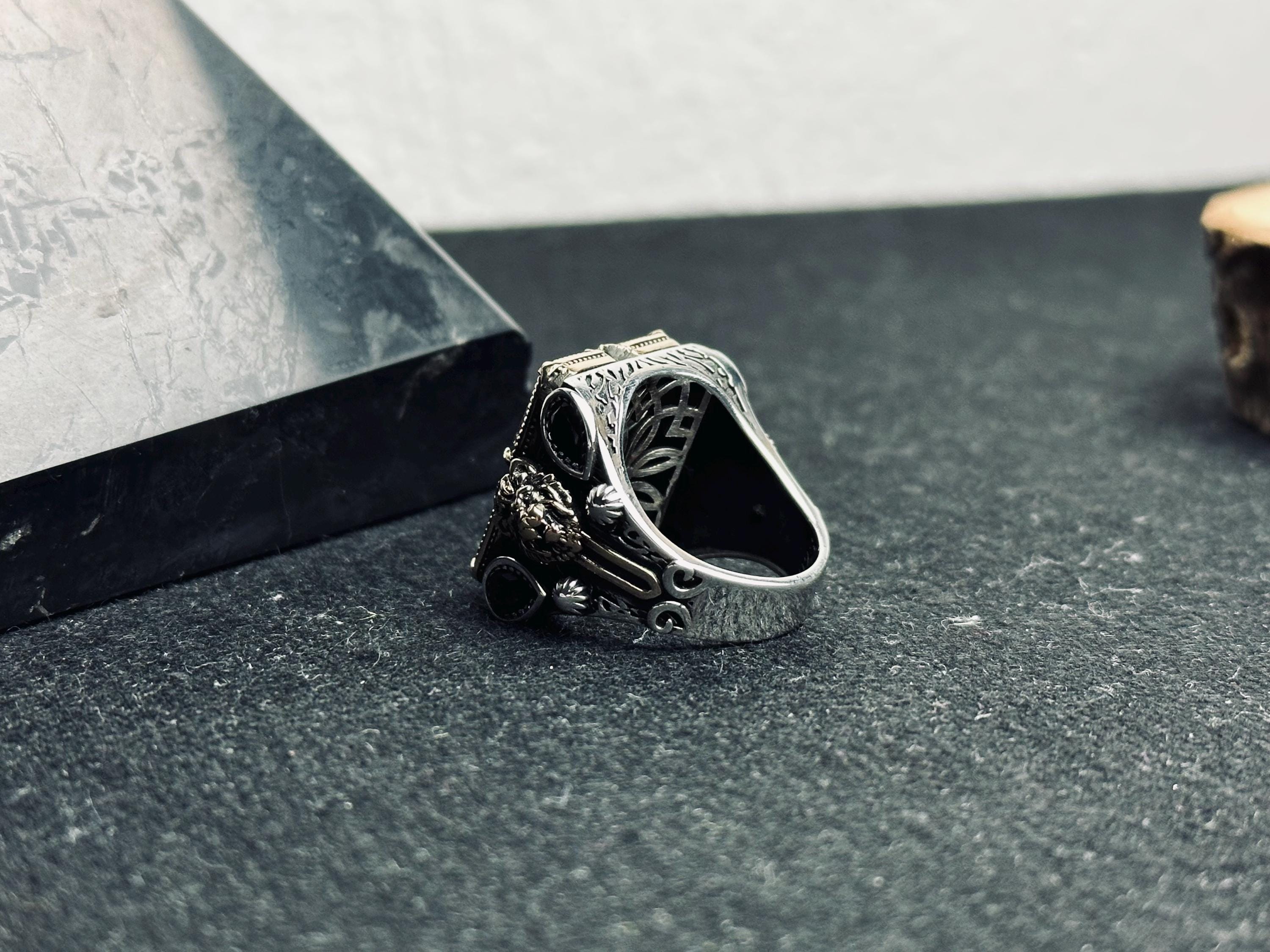 Men’s Lion Ring, Sterling Silver, Mystic Topaz Stones (Bold Statement)