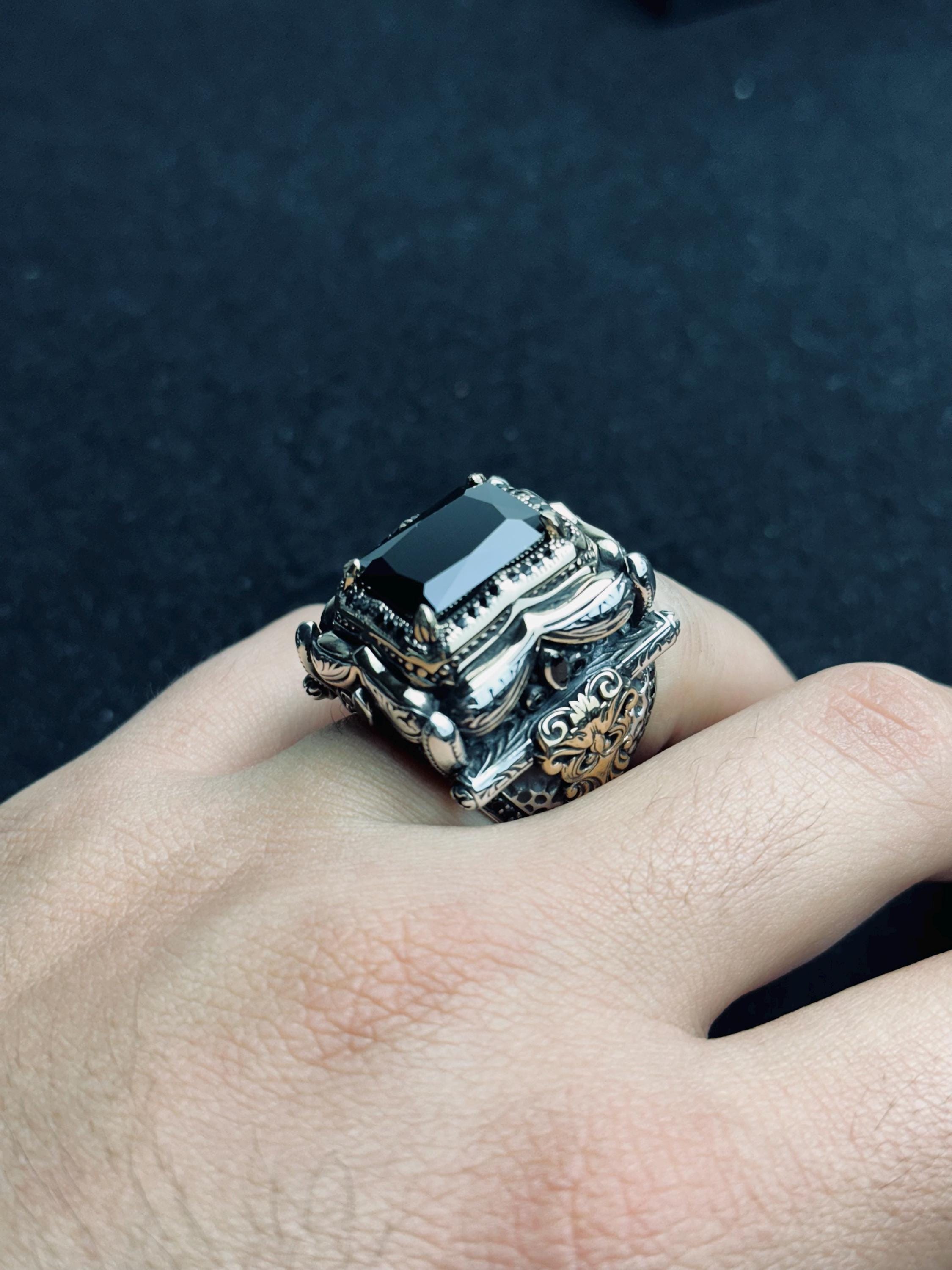 Men's Square Zircon Ring: Bold Black Stone (925 Sterling Silver)