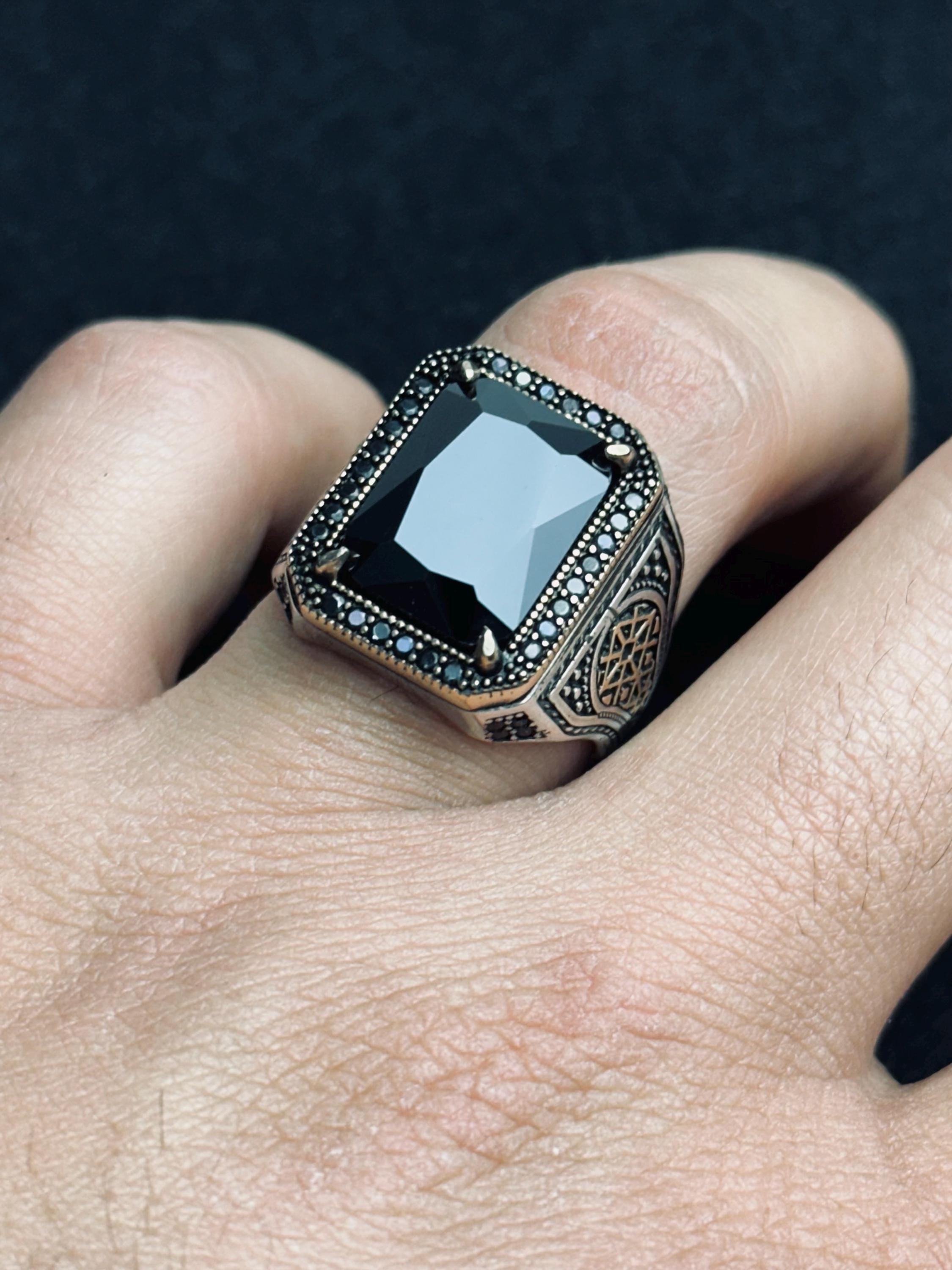 Signet Ring for Men: Black Zircon Stone - Sterling Silver