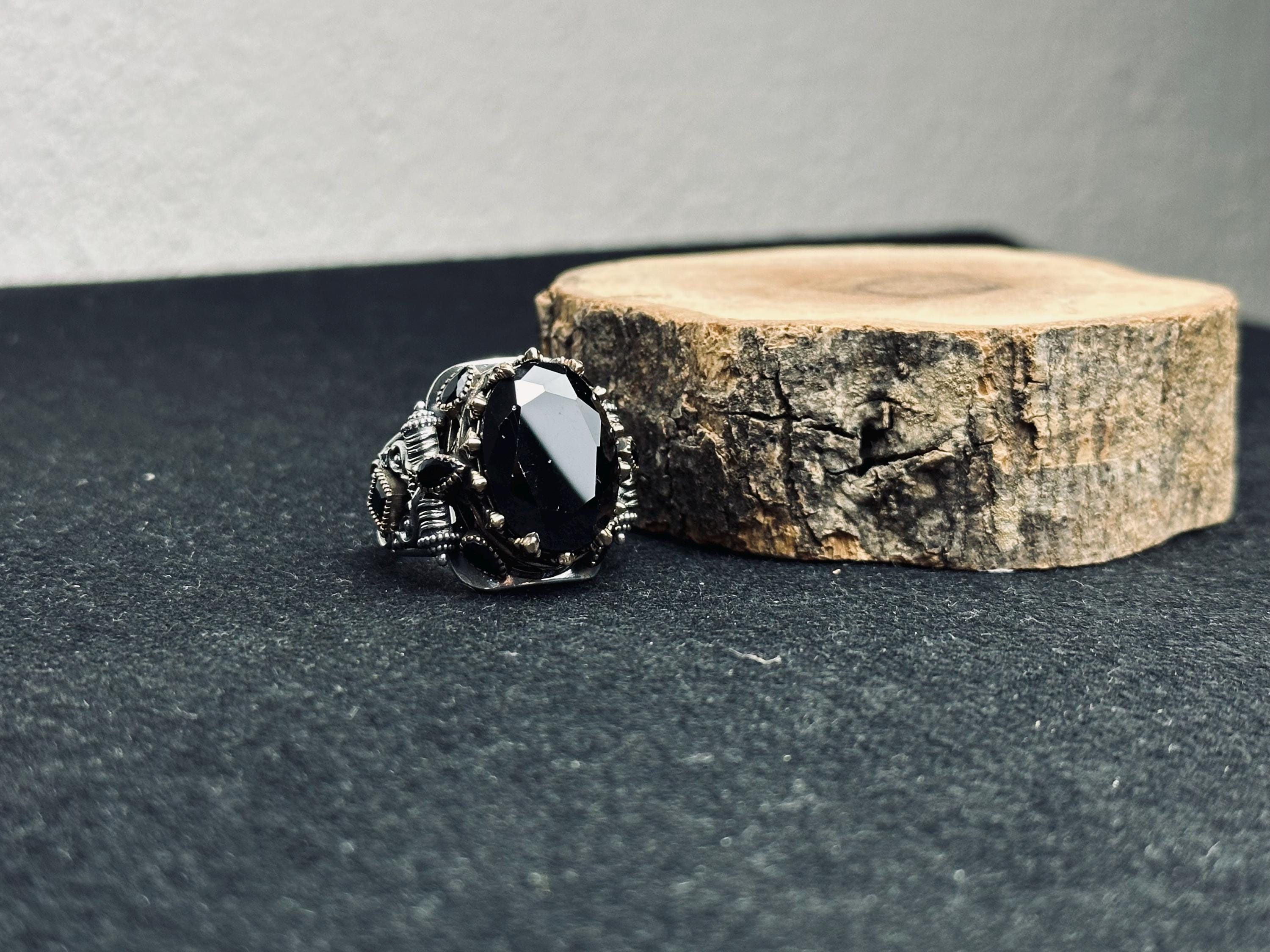 Turkish Handmade Men's Ring, Black Zircon Geometric (Sterling Silver)