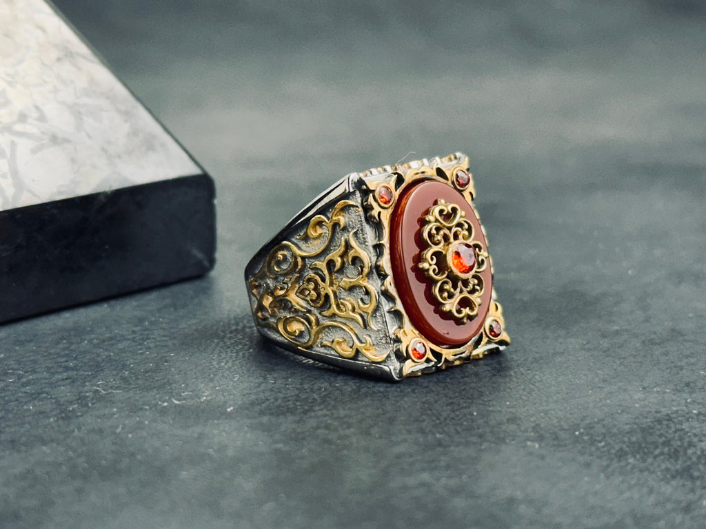 Red Aqeeq Ring: Handmade Sterling Silver (Engraved, Zirconium Accent)