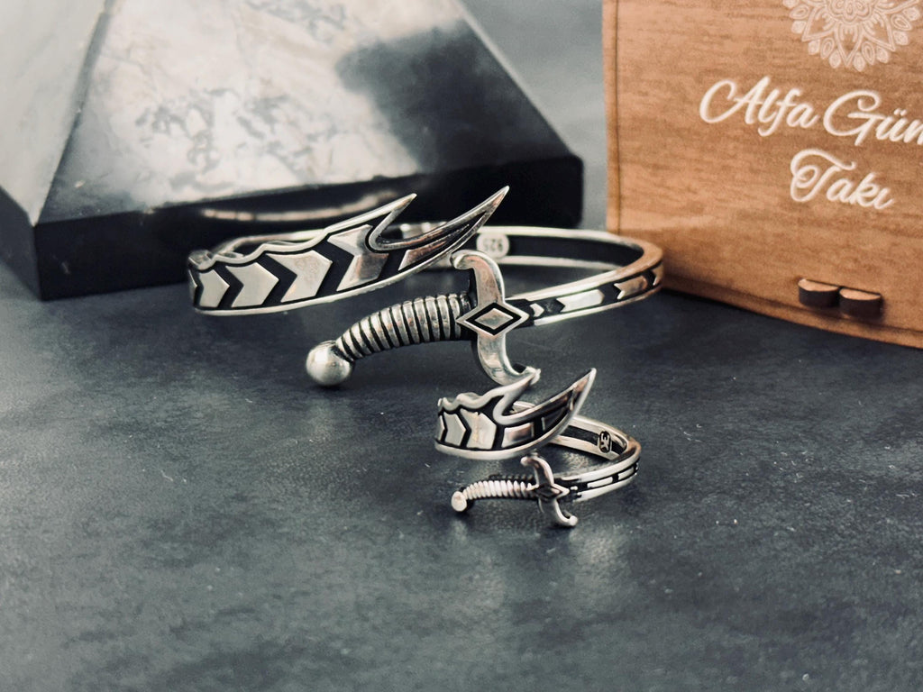 Sword Ring and Bracelet Set: Handcrafted Sterling Silver - Oxidized Finish