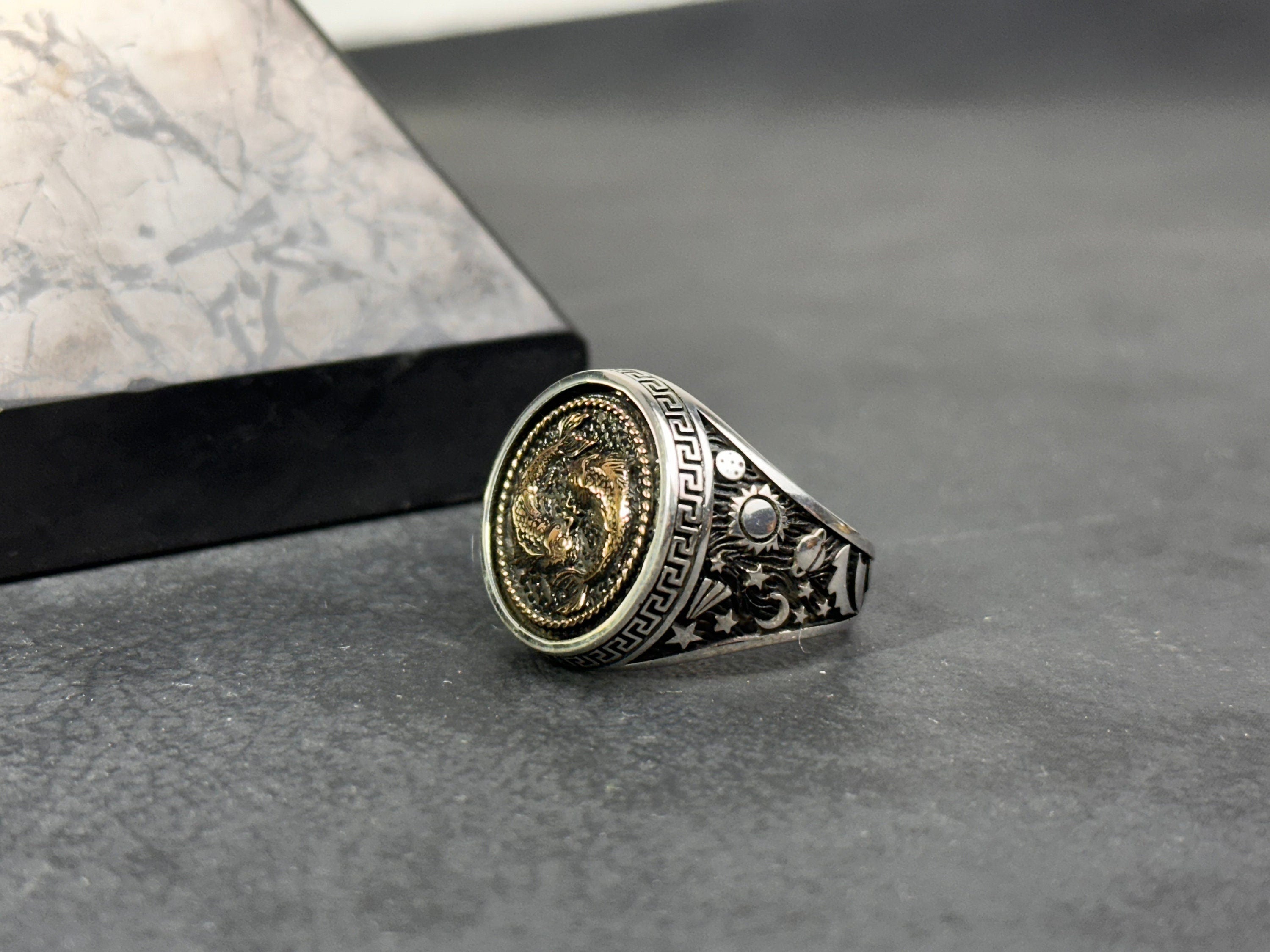 Pisces Astrology Ring, Sterling Silver, Neptune Design (Dainty Size)
