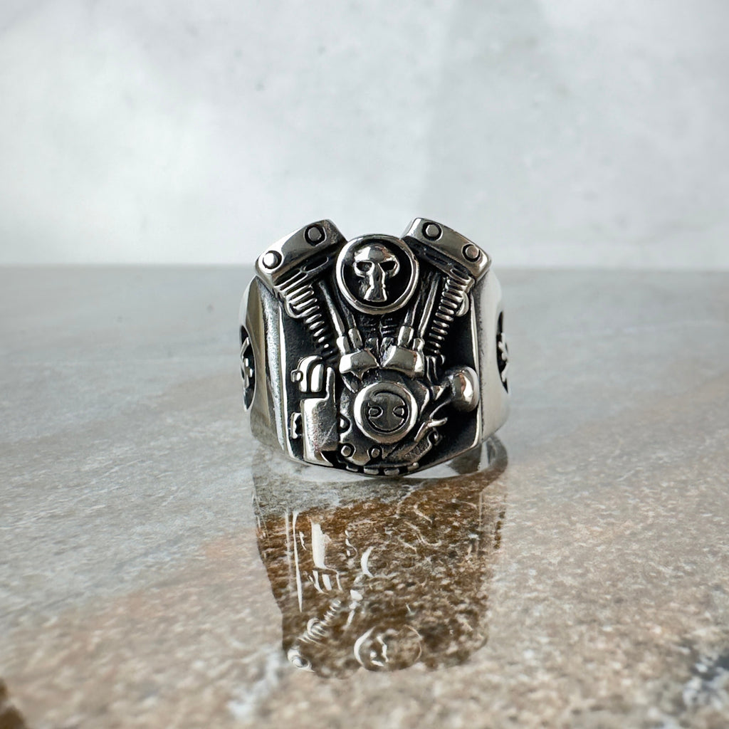Engine Skull Motorcycle Ring: Handmade Sterling Silver